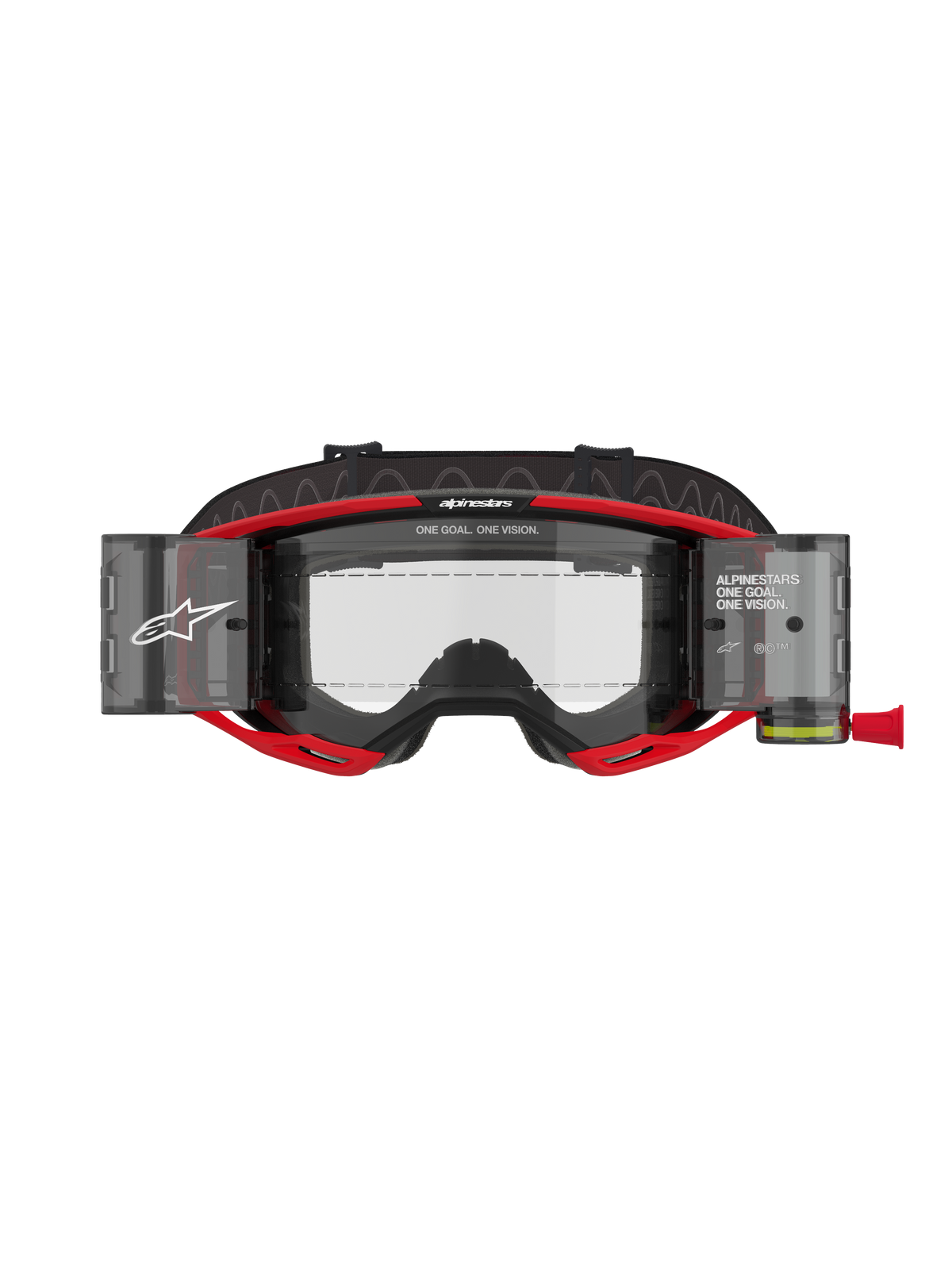 Alpinestars Vision 8 Luar Goggles Roll Off, maschera da motocross, rosso e nero, dotata di lente trasparente con rullini del sistema roll-off integrati, marchio Alpinestars con scritta "ONE GOAL. ONE VISION.", progettata per la visibilità nelle corse fuoristrada
