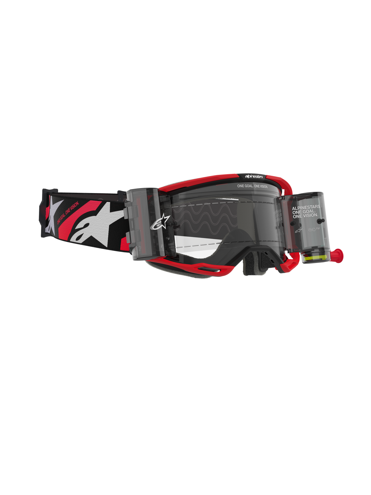 Alpinestars Vision 8 Luar Roll Off, maschere da motocross, montatura rossa e nera con lente trasparente, sistema roll-off integrato e ampia fascia nera con loghi bianchi e dettagli rossi