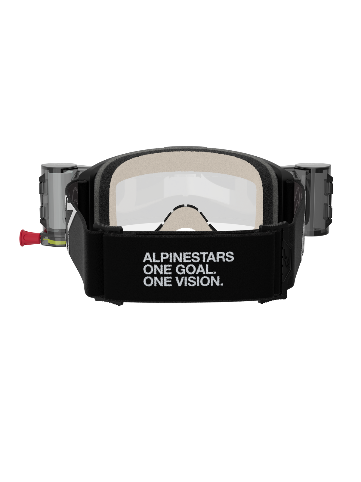 Alpinestars Vision 5 Corp Goggles Roll Off, occhiali da motocross, nero e trasparente, vista posteriore con ampia fascia nera con branding 'ALPINESTARS ONE GOAL. ONE VISION.', contenitori del sistema roll-off e confortevole schiuma facciale multistrato
