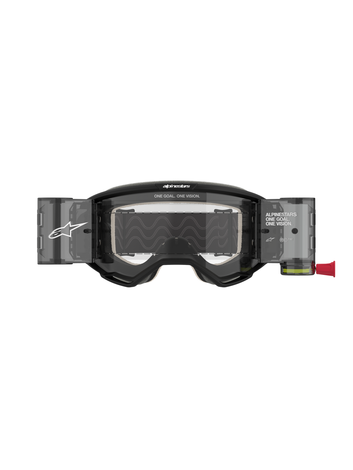 Occhiali Alpinestars Vision 5 Corp Roll Off, occhiali da motocross, neri con lente trasparente, caratterizzati da sistema Wide Vision Roll-Off integrato, lente antiappannamento in policarbonato, montatura in uretano A-FLEX e branding Alpinestars.