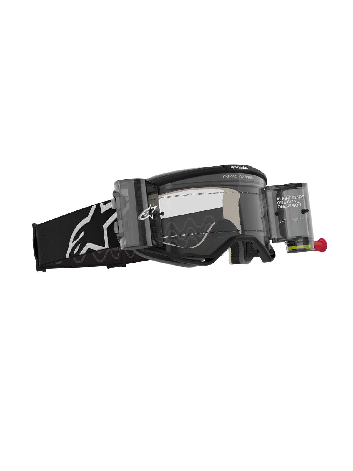 Alpinestars Vision 5 Corp Goggles Roll Off, occhiali da motocross, nero con lente trasparente, sistema Wide Vision Roll-Off con contenitori e pellicola, fascia intrecciata nera con logo Alpinestars bianco, protezione oculare ad alte prestazioni per il fuoristrada