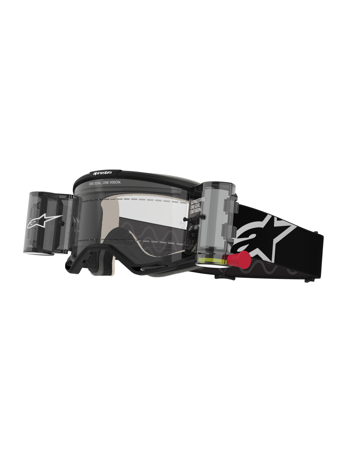 Alpinestars Vision 5 Corp Goggles Roll Off, occhiali da motocross, nero e bianco, lente trasparente con sistema roll-off Wide Vision integrato, linguetta rossa, fascia nera con logo a stella bianco, branding ONE GOAL ONE VISION