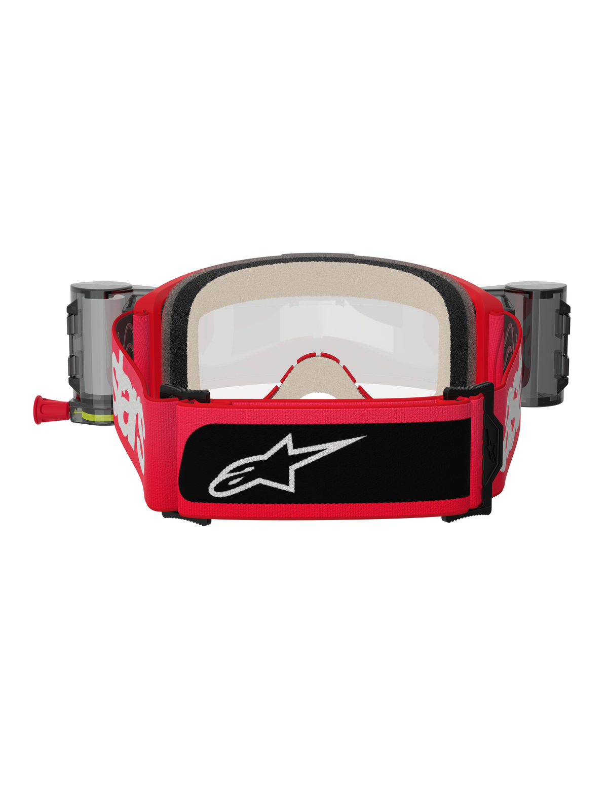Maschere Alpinestars Vision 5 Blaze Roll Off, rosso e nero, vista posteriore con ampia fascia tessuta con marchio bianco e toppa con logo nera, spessa schiuma facciale multistrato e contenitori del sistema Wide Vision Roll-Off sui lati, equipaggiamento protettivo da motocross