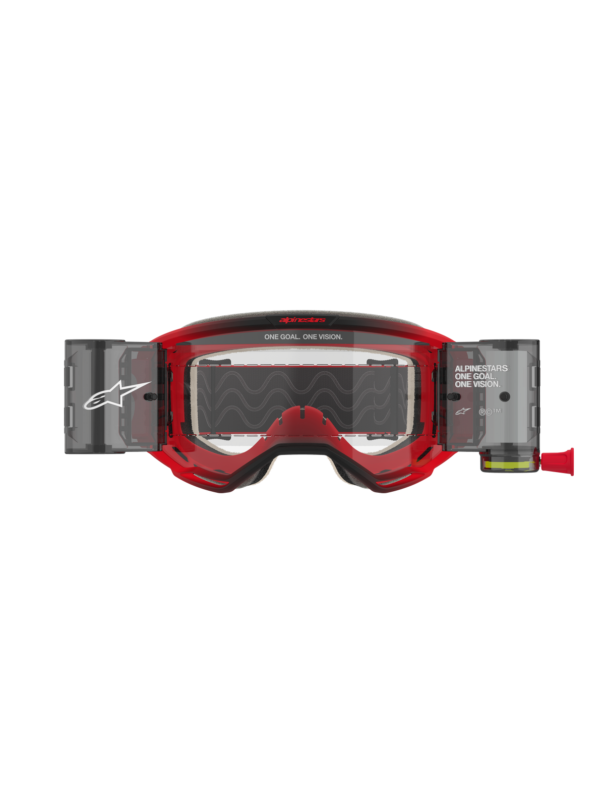 Alpinestars Vision 5 Blaze Goggles Roll Off, maschere da motocross, montatura rossa con lente trasparente, sistema Wide Vision Roll-Off integrato con contenitori laterali, branding 'ONE GOAL. ONE VISION.' sulla montatura e sulla lente, protezione oculare professionale per il fuoristrada