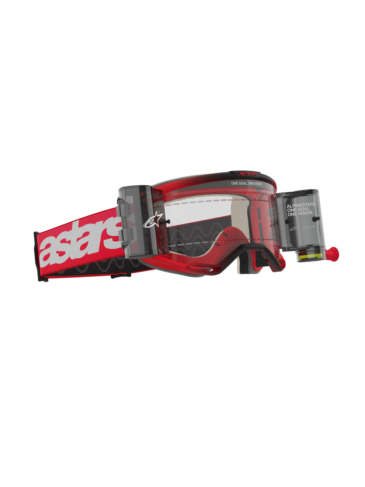 Alpinestars Vision 5 Blaze Goggles Roll Off, maschere da motocross, telaio rosso con logo astars bianco sul cinturino, lente trasparente con contenitori del sistema Wide Vision Roll-Off integrati, protezione oculare resistente per la guida fuoristrada