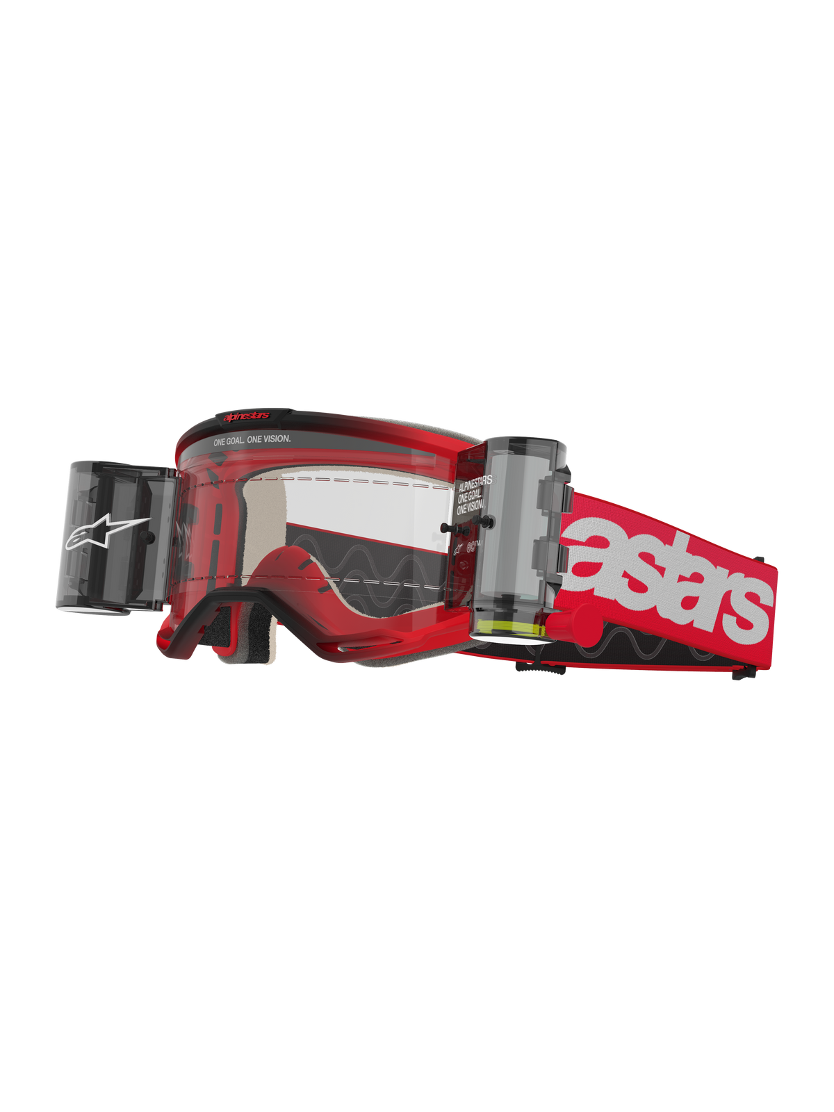 Alpinestars Vision 5 Blaze Goggles Roll Off, maschere da motocross, rosso e bianco, lente trasparente con sistema Wide Vision Roll-Off integrato, doppi contenitori laterali, cinturino rosso con logo Astars bianco, montatura in uretano con imbottitura in schiuma, occhiali racing off-road