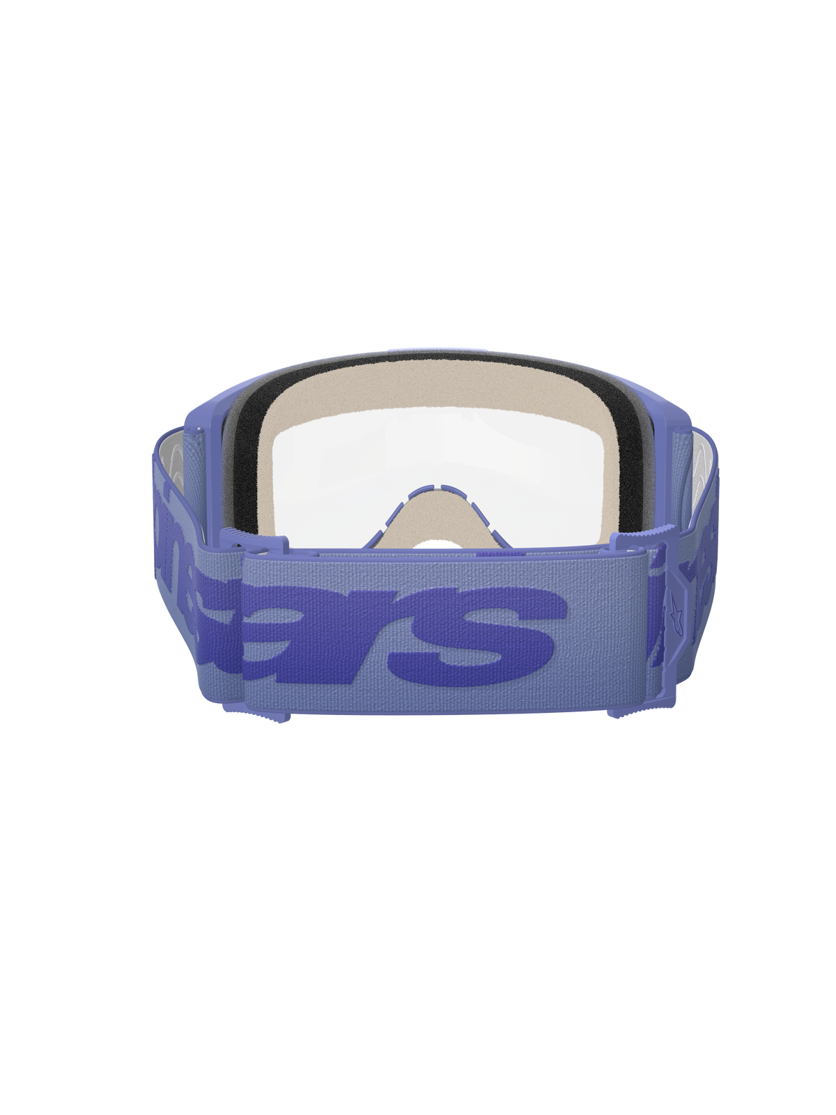 Occhiali Alpinestars Vision 5 Wordmark, viola e trasparente, vista posteriore con schiuma facciale a triplo strato, ampia fascia intrecciata viola con logo wordmark, lente trasparente, progettati per motocross e corse fuoristrada