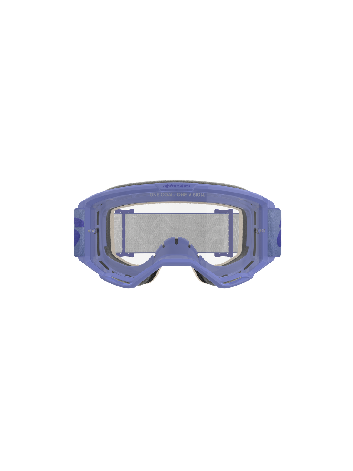 Occhiali Alpinestars Vision 5 Wordmark, viola e trasparente, con montatura leggera in uretano A-FLEX, lente in policarbonato trasparente antiappannamento con scritta 'ONE GOAL. ONE VISION.', schiuma facciale multistrato da 17 mm e fascia intrecciata viola con logo wordmark, protezione oculare professionale per motocross