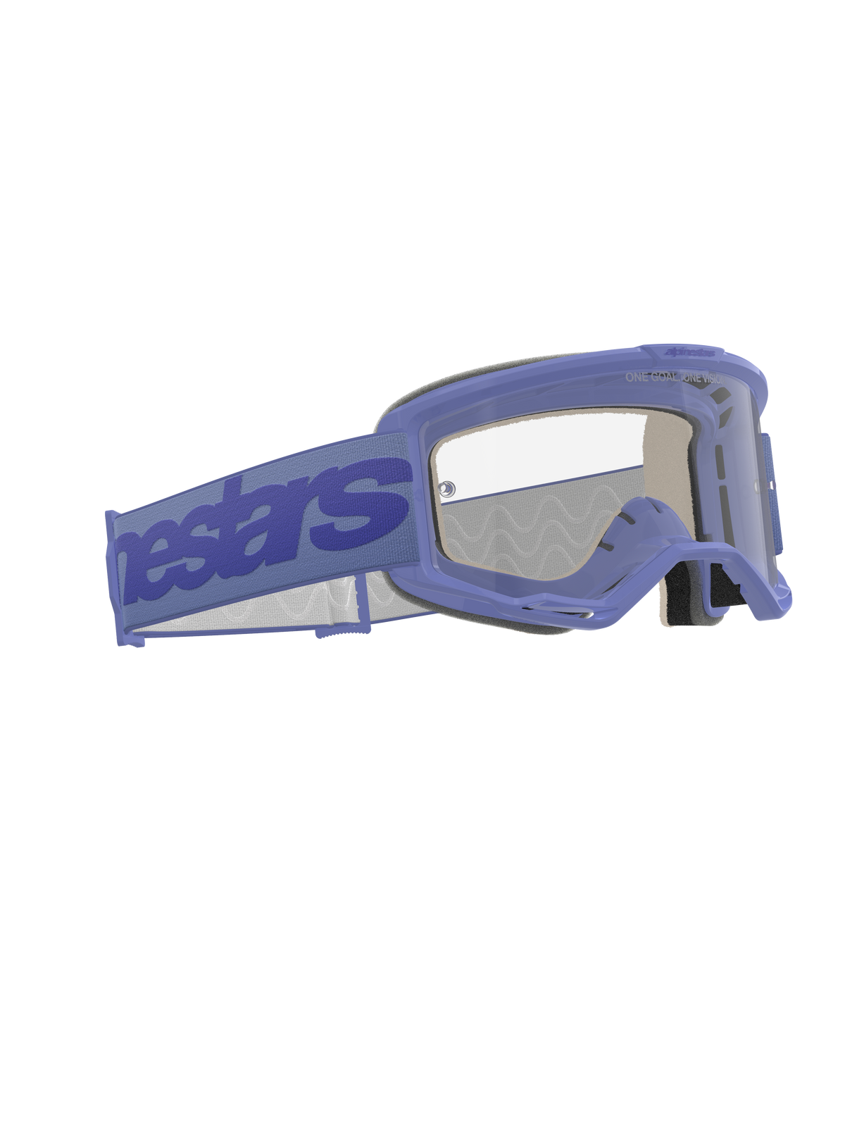 Alpinestars Vision 5 Wordmark Goggles, occhiali da motocross, viola e trasparente, caratterizzati da un'ampia fascia viola con marchio Alpinestars, montatura flessibile in uretano, lente trasparente antiappannamento e schiuma facciale multistrato