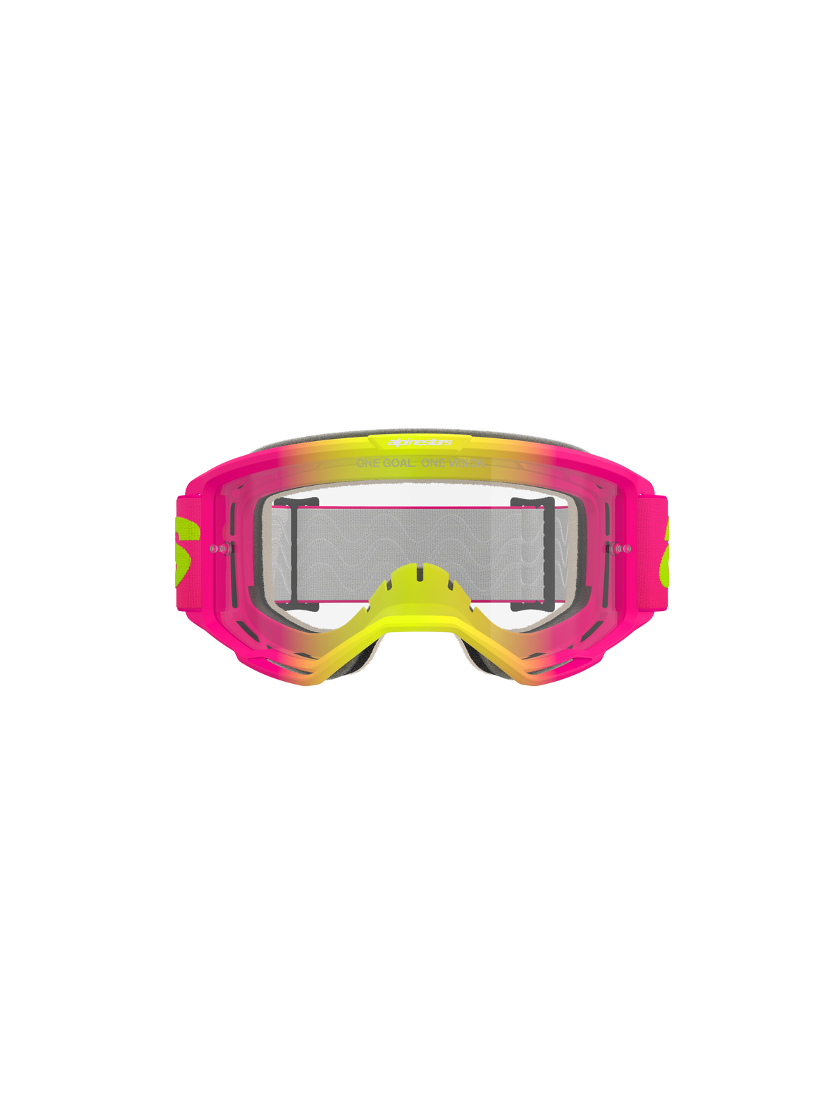 Alpinestars Vision 5 Wordmark Goggles, occhiali da motocross, rosa e giallo fluo con lente trasparente, montatura sfumata vivace, ampia fascia intrecciata con branding giallo, protezione per gli occhi ad alte prestazioni per la guida fuoristrada