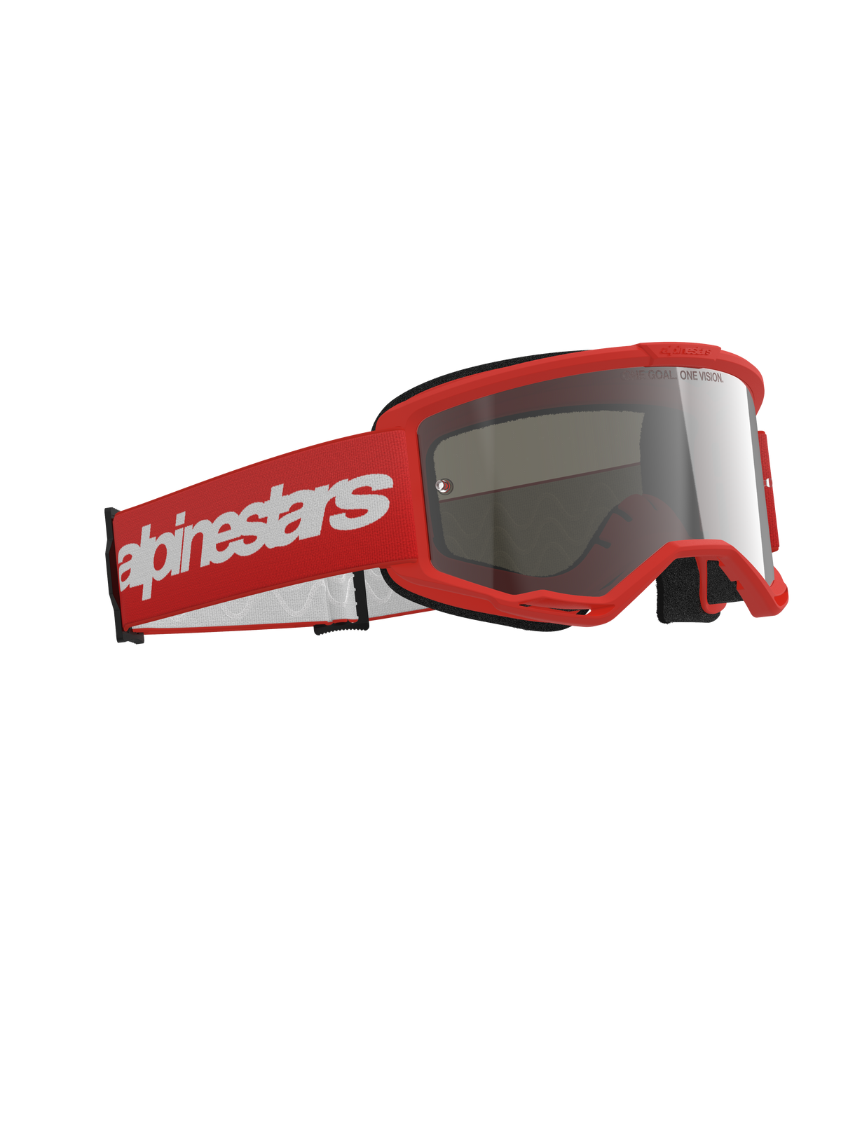 Alpinestars Vision 3 Wordmark Goggles, occhiali da motocross, montatura rossa con fascia rossa coordinata caratterizzata da un grande logo wordmark bianco, lente a specchio argento, progettati per il fuoristrada e le gare di motocross