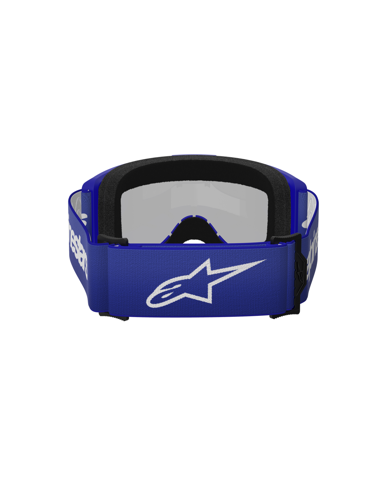 Alpinestars Vision 3 Wordmark Goggles, occhiali da motocross, Blue Mirror Silver, vista posteriore che mostra la fascia blu con logo Alpinestars bianco e schiuma facciale nera a due strati