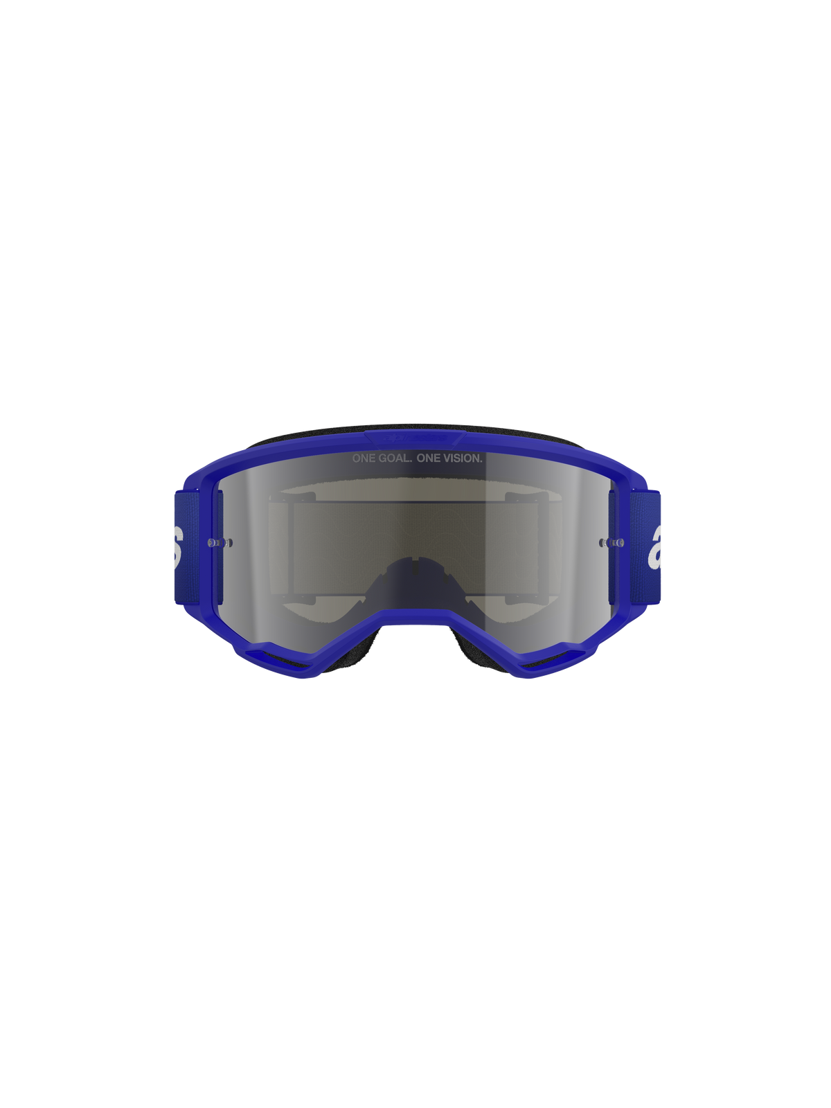 Alpinestars Vision 3 Wordmark Goggles, occhiali da motocross, blu e argento specchiato, con montatura blu e ampia fascia con logo bianco, lente specchiata argento con scritta 'ONE GOAL. ONE VISION.', protezione oculare professionale per fuoristrada.