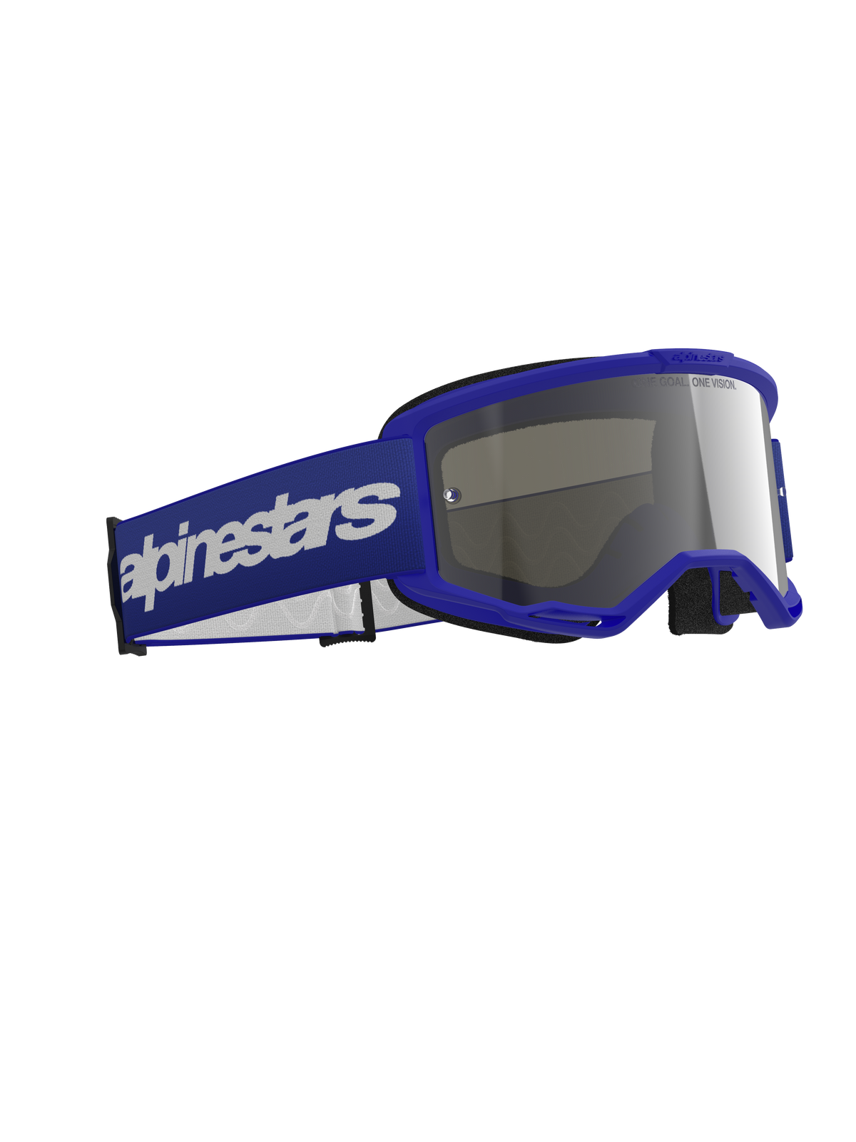 Alpinestars Vision 3 Wordmark Goggles, occhiali da motocross, blu con lente a specchio argento, caratterizzati da montatura blu e ampia fascia blu con logo wordmark bianco, design resistente per corse fuoristrada