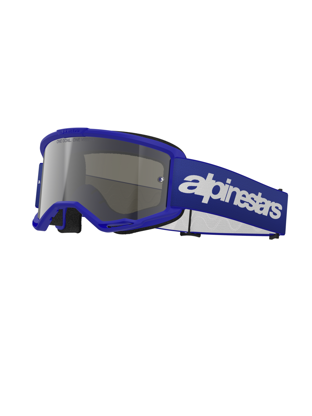 Alpinestars Vision 3 Wordmark Goggles, occhiali da motocross, montatura blu con lente a specchio argento, ampia fascia regolabile blu con logo Alpinestars bianco, imbottitura nera, protezione per la guida fuoristrada e motocross