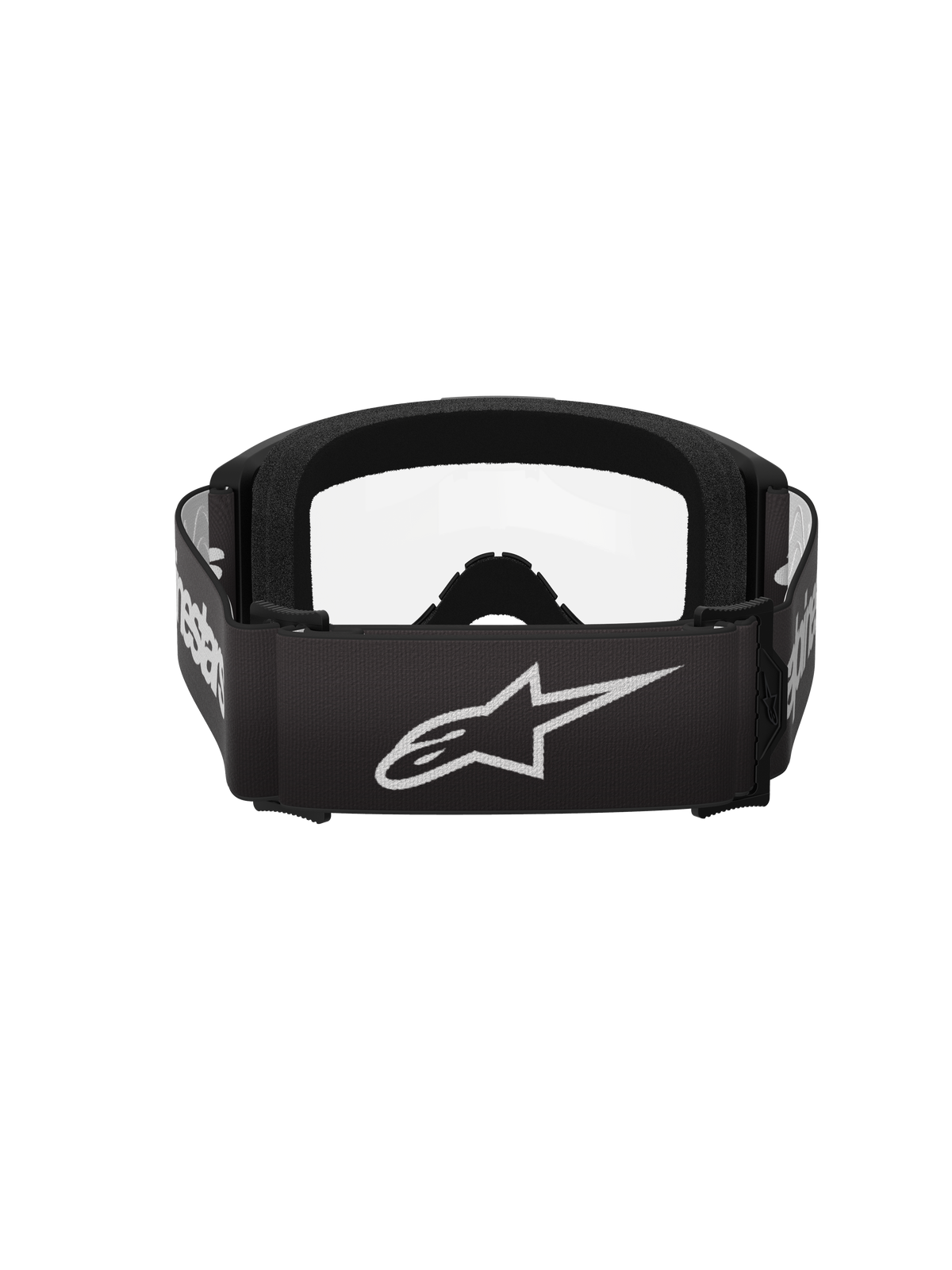 Maschere Alpinestars Vision 3 Wordmark, maschere da motocross, nero e trasparente, vista posteriore con ampio cinturino nero con logo a stella e wordmark Alpinestars bianco, spessa schiuma facciale nera e lente trasparente
