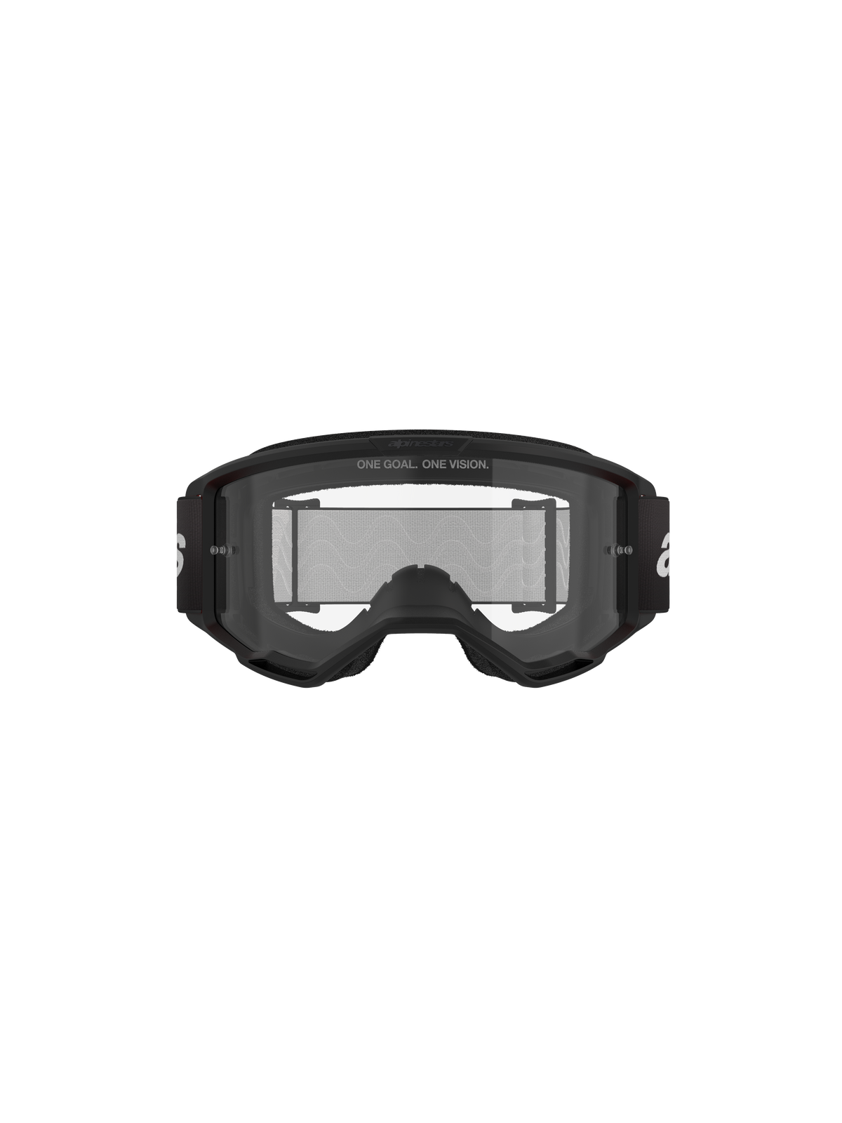 Alpinestars Vision 3 Wordmark Goggles, maschere da motocross, nero e trasparente, vista frontale con lente trasparente antiappannamento, montatura A-FLEX, fascia nera con logo Alpinestars bianco e dettaglio dello slogan 'ONE GOAL. ONE VISION.'