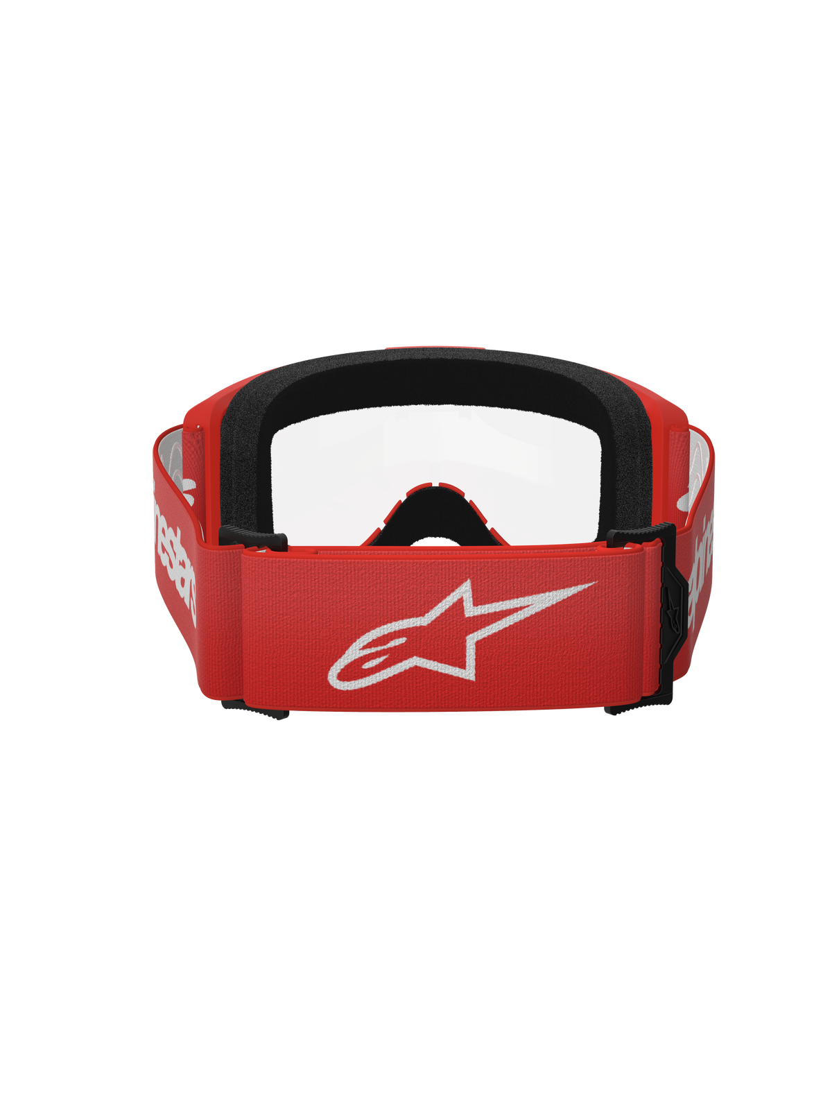 Occhiali Alpinestars Vision 3 Wordmark, occhiali da motocross, rosso e trasparente, vista posteriore che mostra la fascia intrecciata rossa con grande logo Alpinestars bianco e imbottitura in schiuma nera