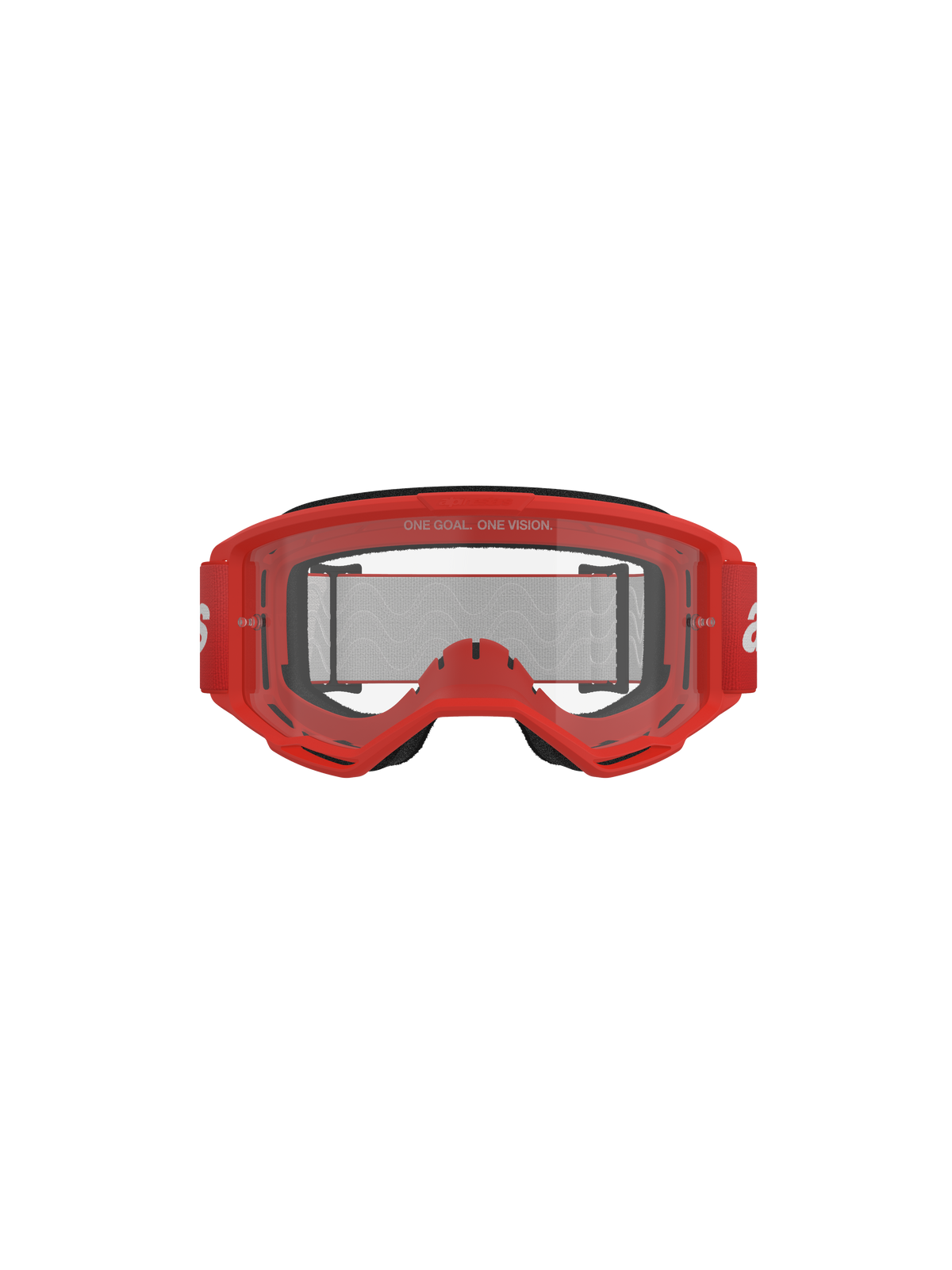 Occhiali Alpinestars Vision 3 Wordmark, occhiali da motocross, montatura rossa e lente trasparente, fascia intrecciata rossa con marchio bianco, testo 'ONE GOAL. ONE VISION.' sulla lente, scatto frontale in studio su sfondo nero