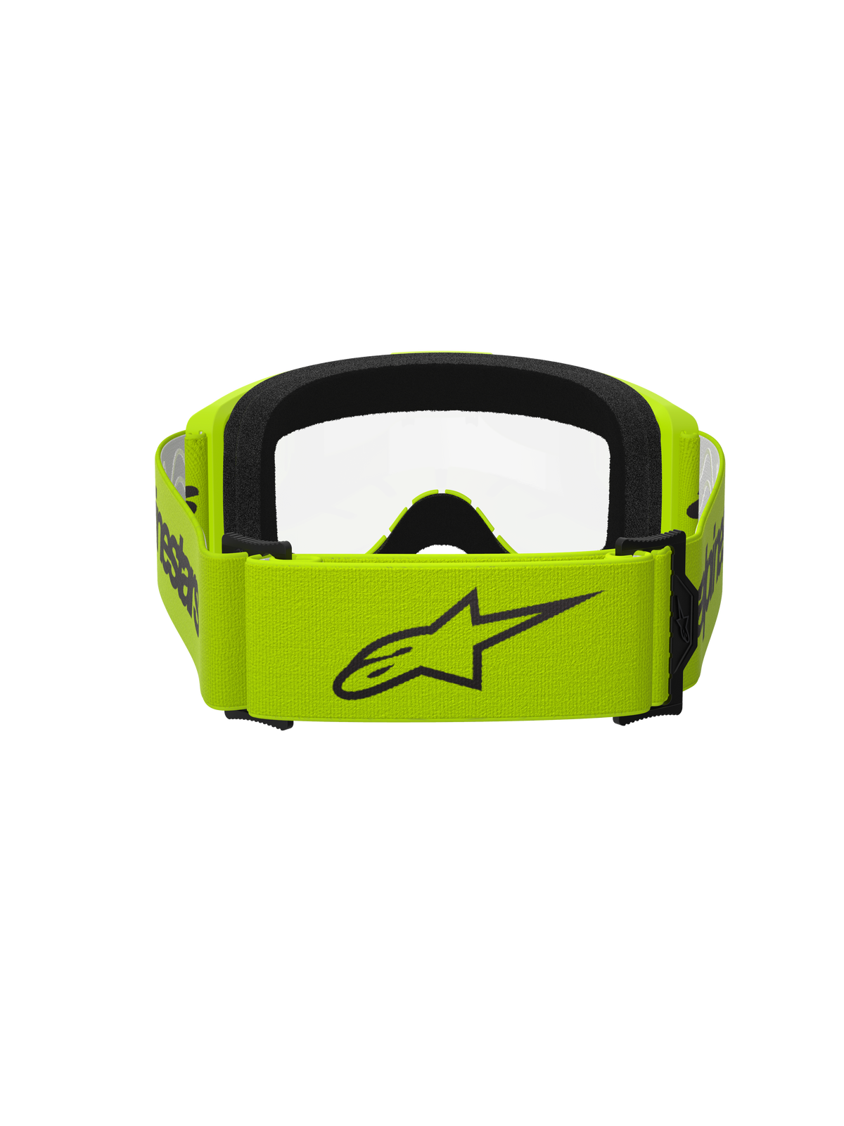 Alpinestars Vision 3 Wordmark Goggles, occhiali da motocross, Giallo Fluo con lente trasparente, vista posteriore con ampia fascia gialla e logo Alpinestars nero, interno in schiuma nera, design resistente per corse off-road
