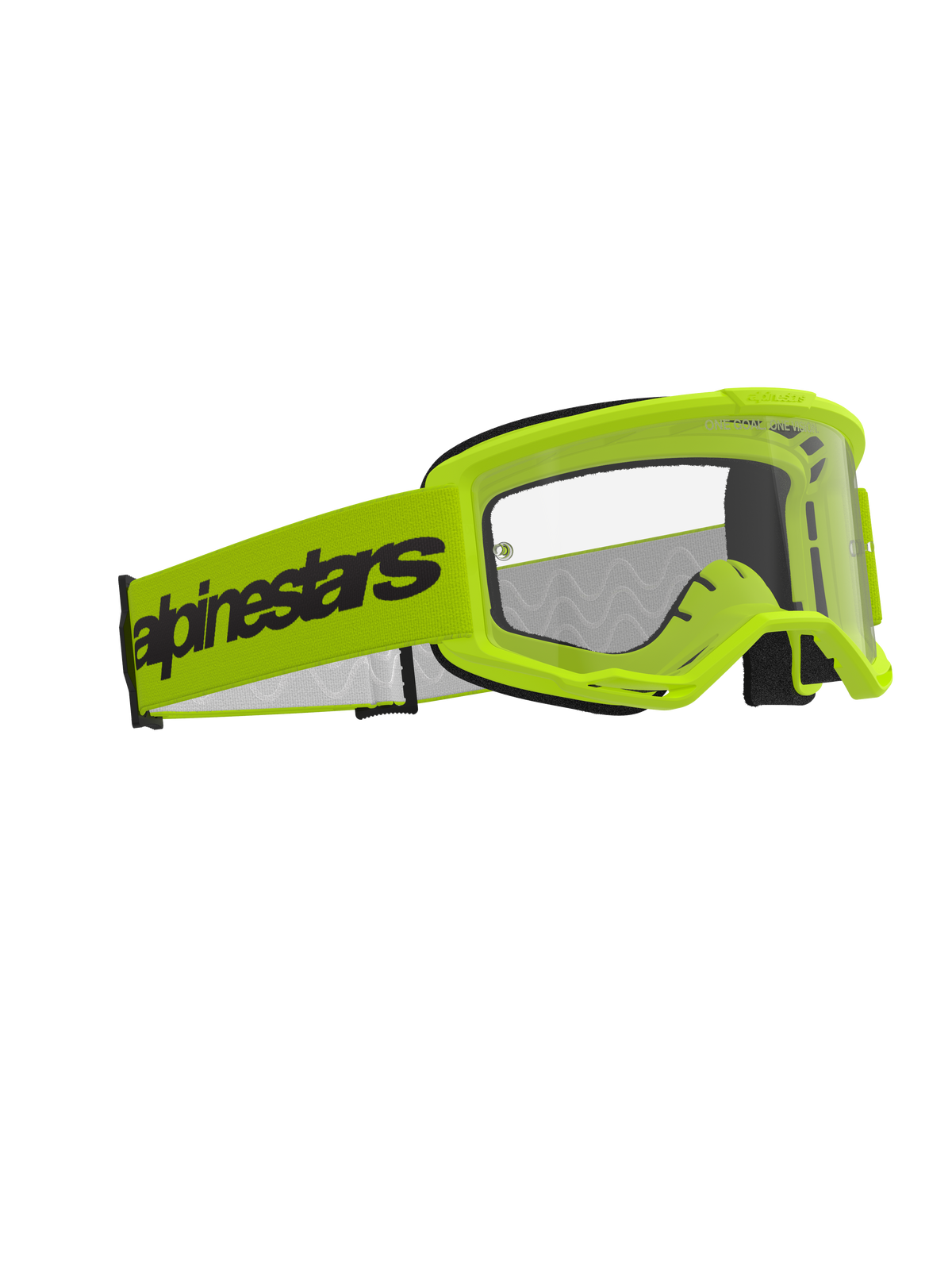 Alpinestars Vision 3 Wordmark Goggles, occhiali da motocross, giallo fluo con lente trasparente, ampia fascia giallo fluo con logo Alpinestars nero, telaio leggero A-FLEX con ventilazione RAM-AIR, protezione oculare ad alte prestazioni per il fuoristrada