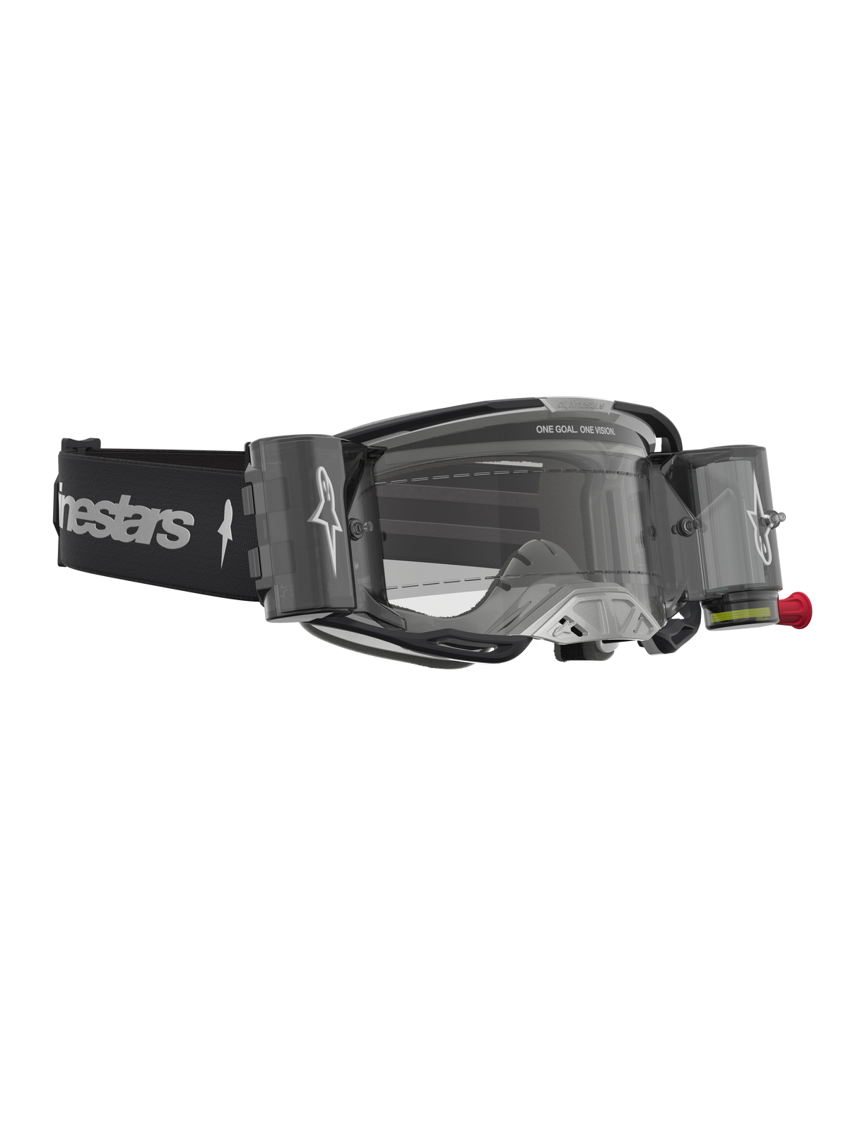 Alpinestars Maschere Vision 8 Amber Roll Off, maschere da motocross nere e argento con lente chiara e sistema roll-off.