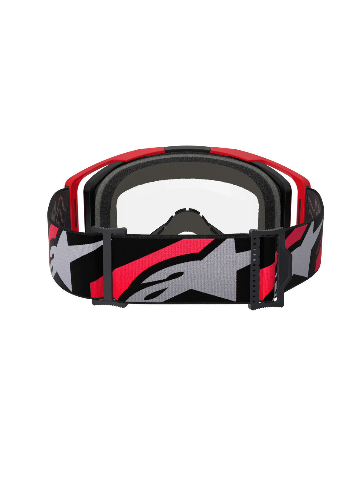 Alpinestars Vision 8 Luar Goggles, occhiali da motocross, rosso, nero e trasparente, vista posteriore con ampia fascia intrecciata con logo a stella, schiuma facciale multistrato e design del telaio leggero A-FLEX