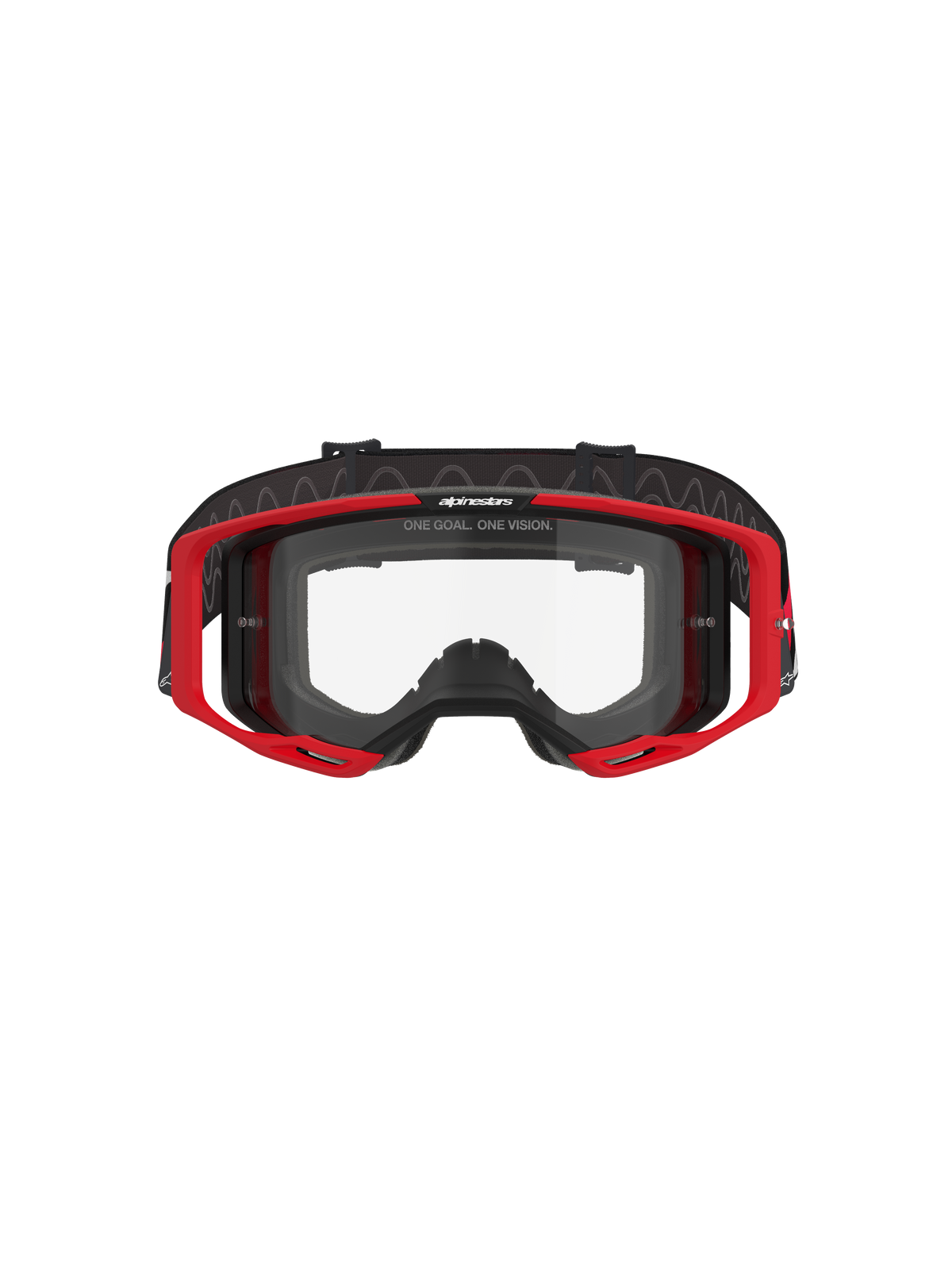 Alpinestars Vision 8 Luar Goggles, occhiali da motocross, rosso, nero e trasparente, con telaio A-FLEX rosso, lente in policarbonato trasparente antiappannamento, fascia intrecciata regolabile nera con logo, protezione per gli occhi ad alte prestazioni per corse fuoristrada
