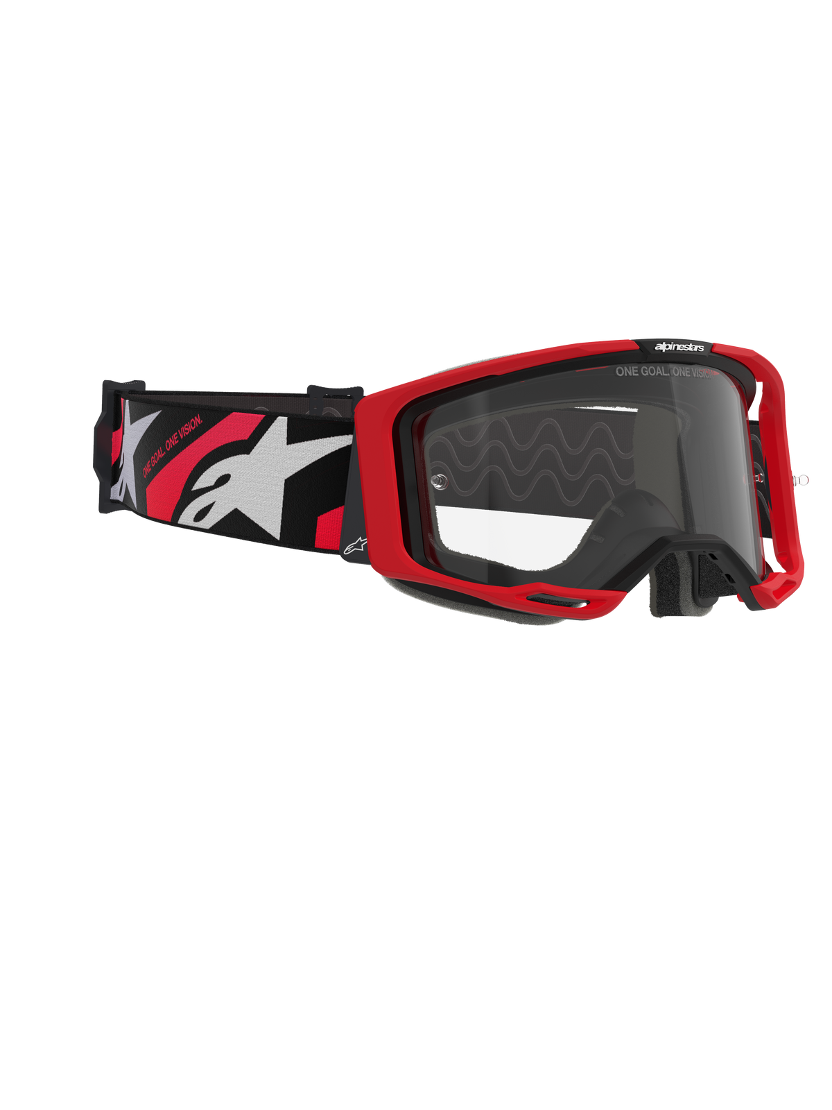 Alpinestars Vision 8 Luar Goggles, occhiali da motocross, rosso, nero e trasparente, con montatura rossa, lente trasparente antiappannamento e fascia nera con loghi bianchi e rossi, protezione professionale per gli occhi per fuoristrada