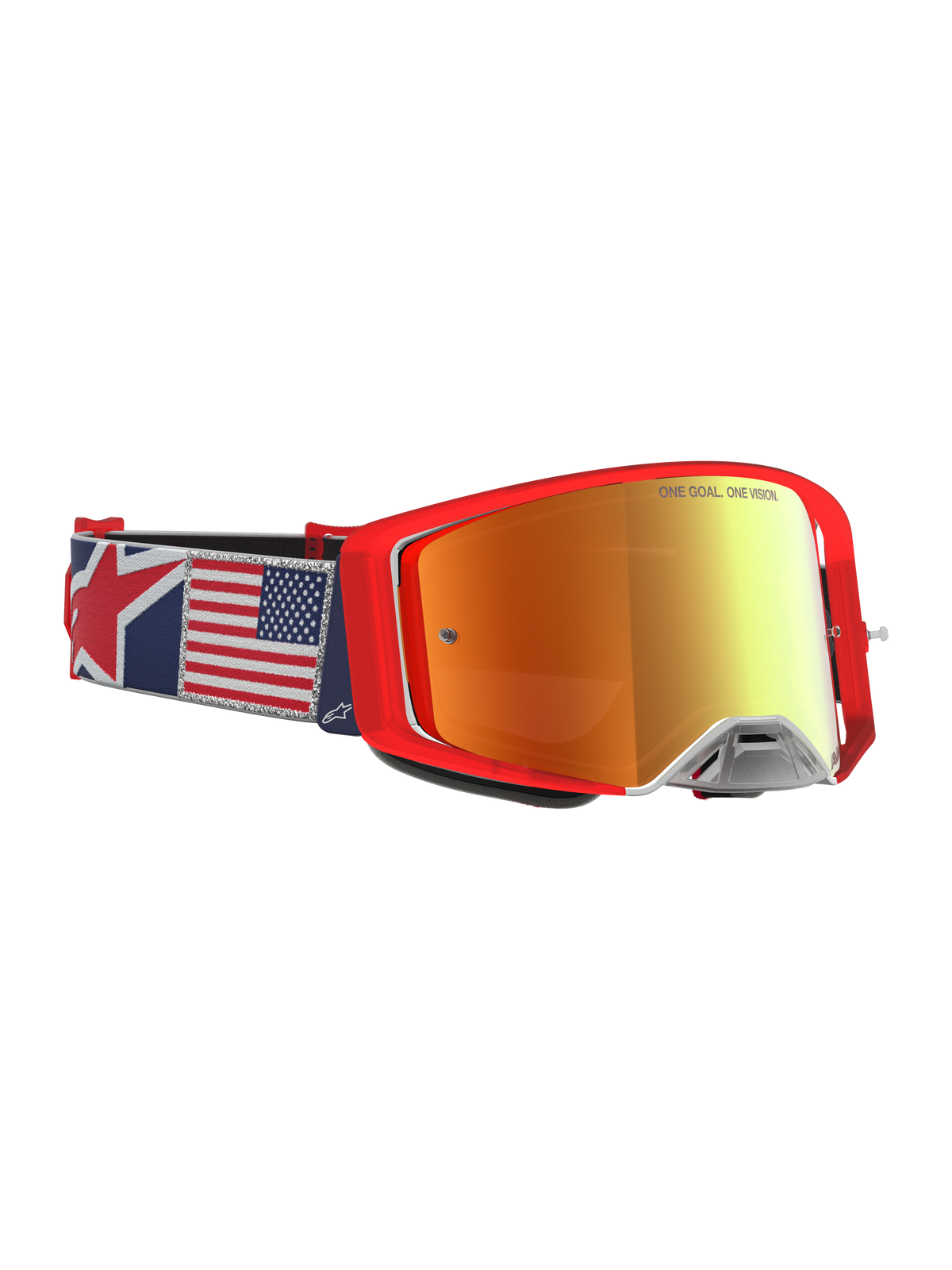 Alpinestars Maschere Supertech LE Fiftyfold, maschere da motocross rosse con cinturino bandiera USA e lenti a specchio rosse.