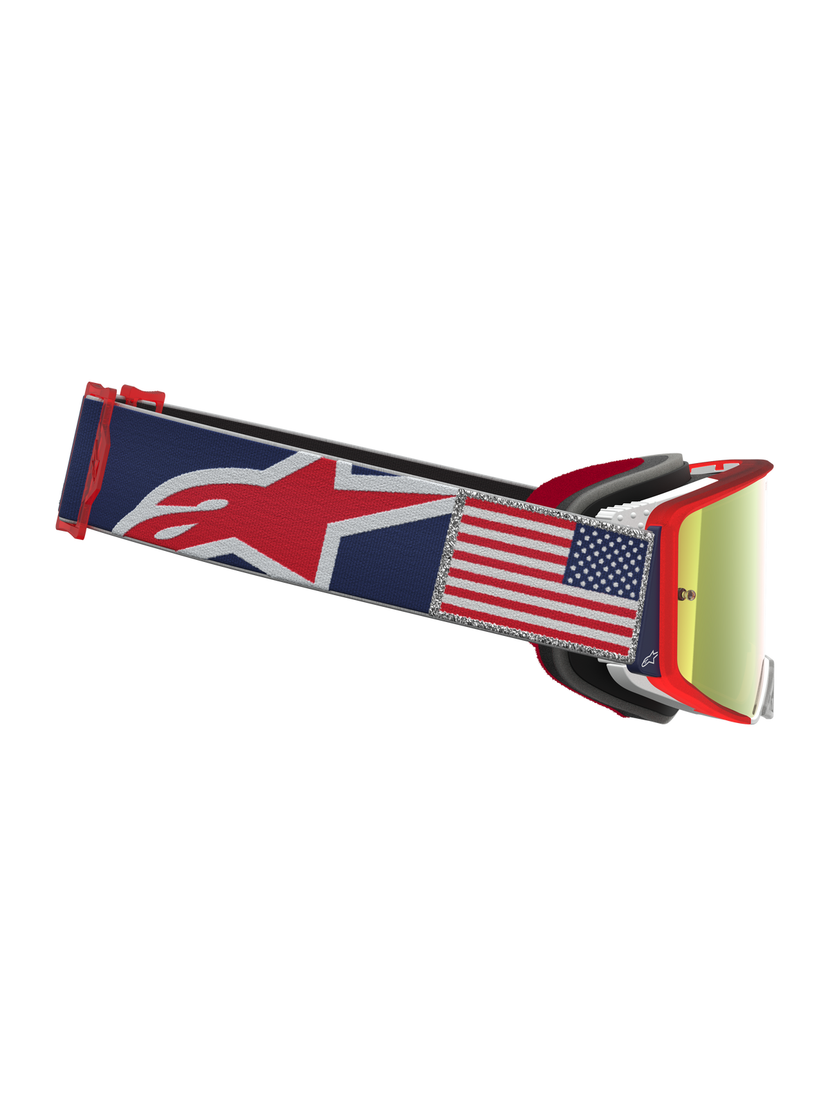 Alpinestars Supertech Fiftyfold edizione limitata, maschere motocross blu e rosse con lente Mirror Red e patch bandiera USA.
