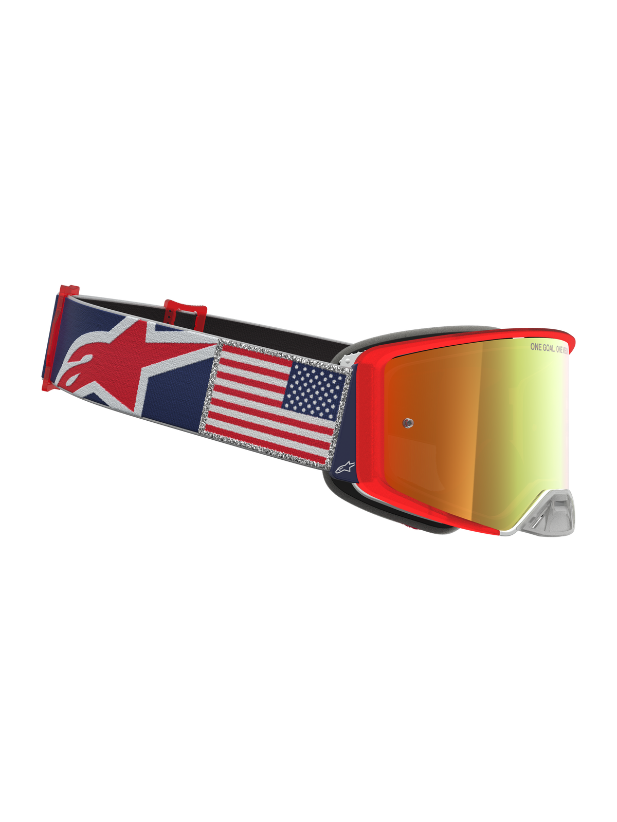 Alpinestars Supertech Fiftyfold Goggles, maschere da motocross blu e rosse, lente dorata e cinturino con bandiera americana.