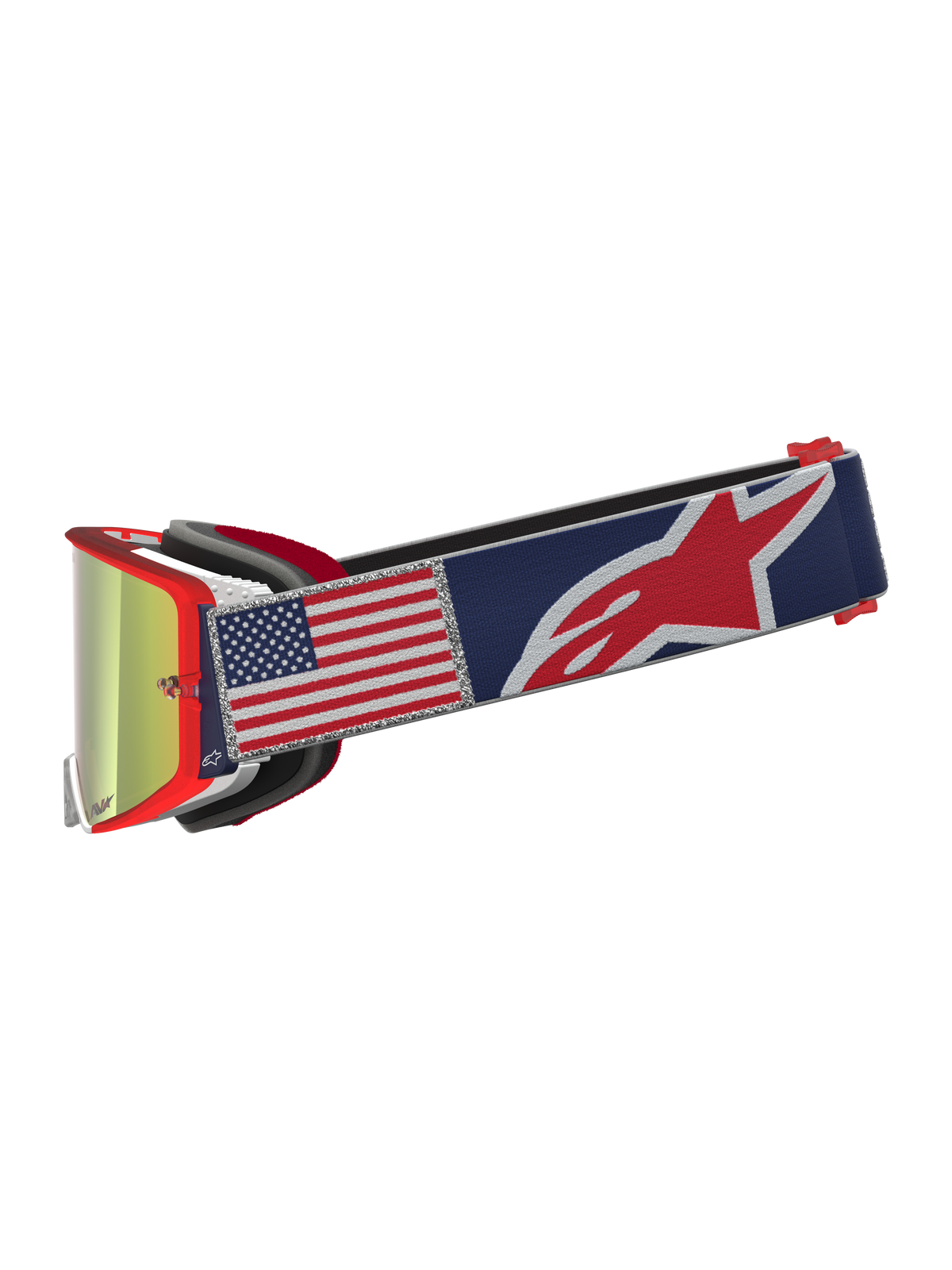 Alpinestars Supertech Fiftyfold, maschere da motocross rosse e blu, lente a specchio e cinturino con bandiera USA.