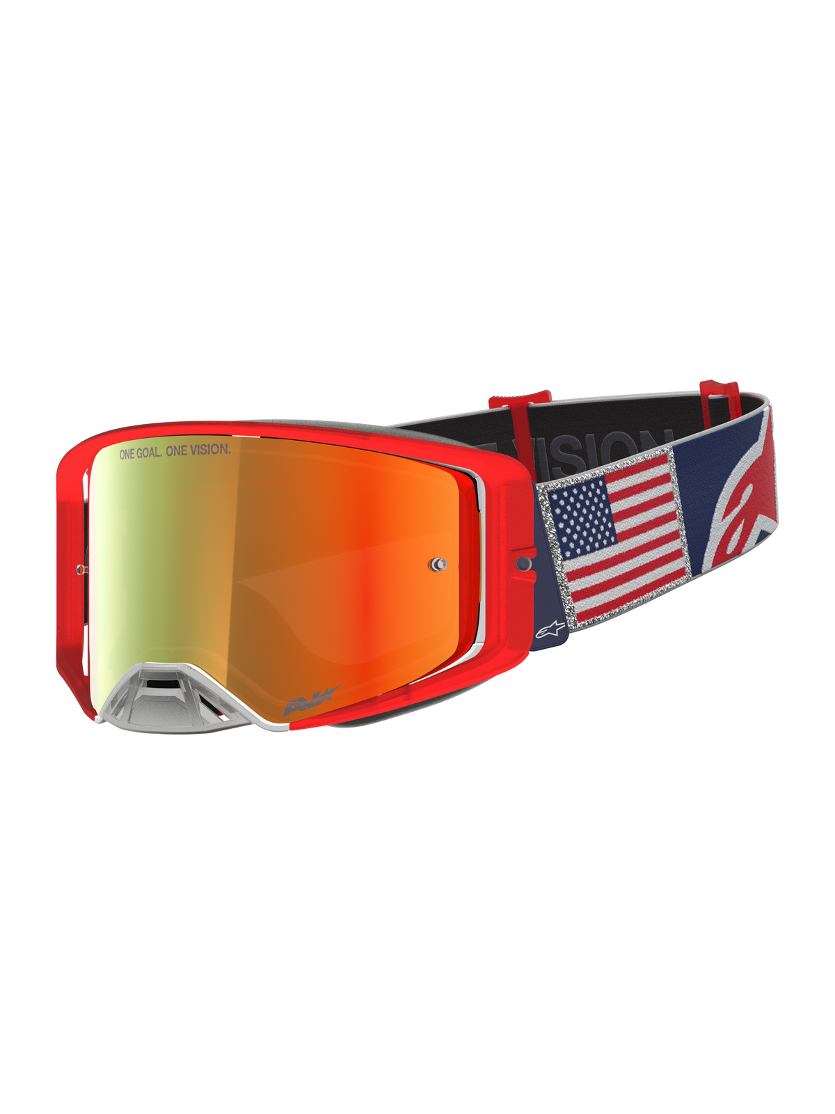 Alpinestars maschere Supertech Limited Edition Fiftyfold, rosse e blu, lente rossa a specchio e bandiera americana.