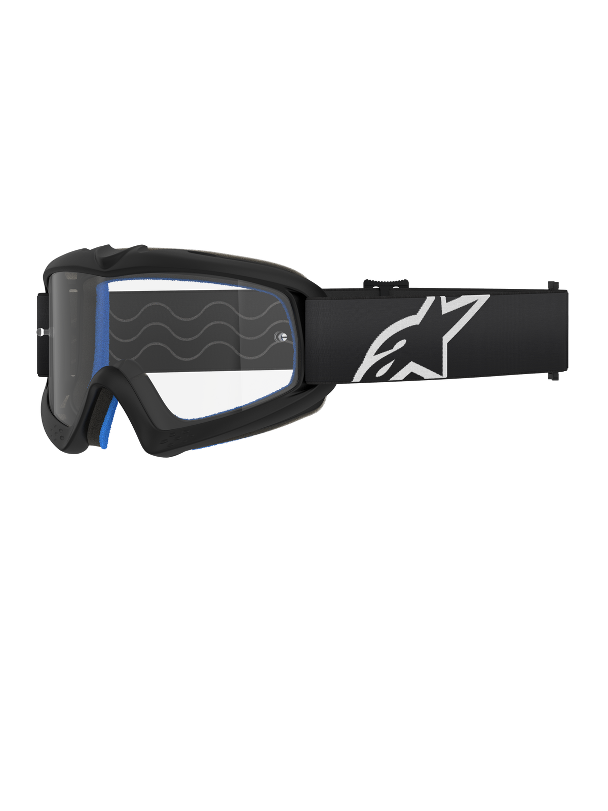 Alpinestars Vision Youth Corp Goggles, occhiali da motocross per ragazzi, neri con imbottitura blu, lente trasparente con motivo a onde, cinturino nero con logo a stella bianco, design moderno e aerodinamico