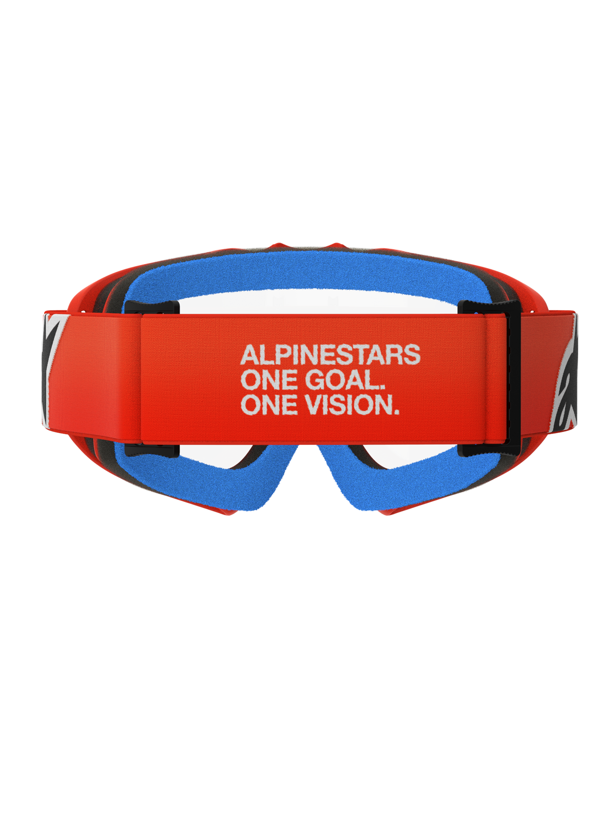 Occhiali Alpinestars Vision Youth Corp, occhiali da motocross, arancione con lente trasparente, vista posteriore con fascia arancione e slogan Alpinestars bianco, schiuma facciale interna blu e lente in policarbonato trasparente
