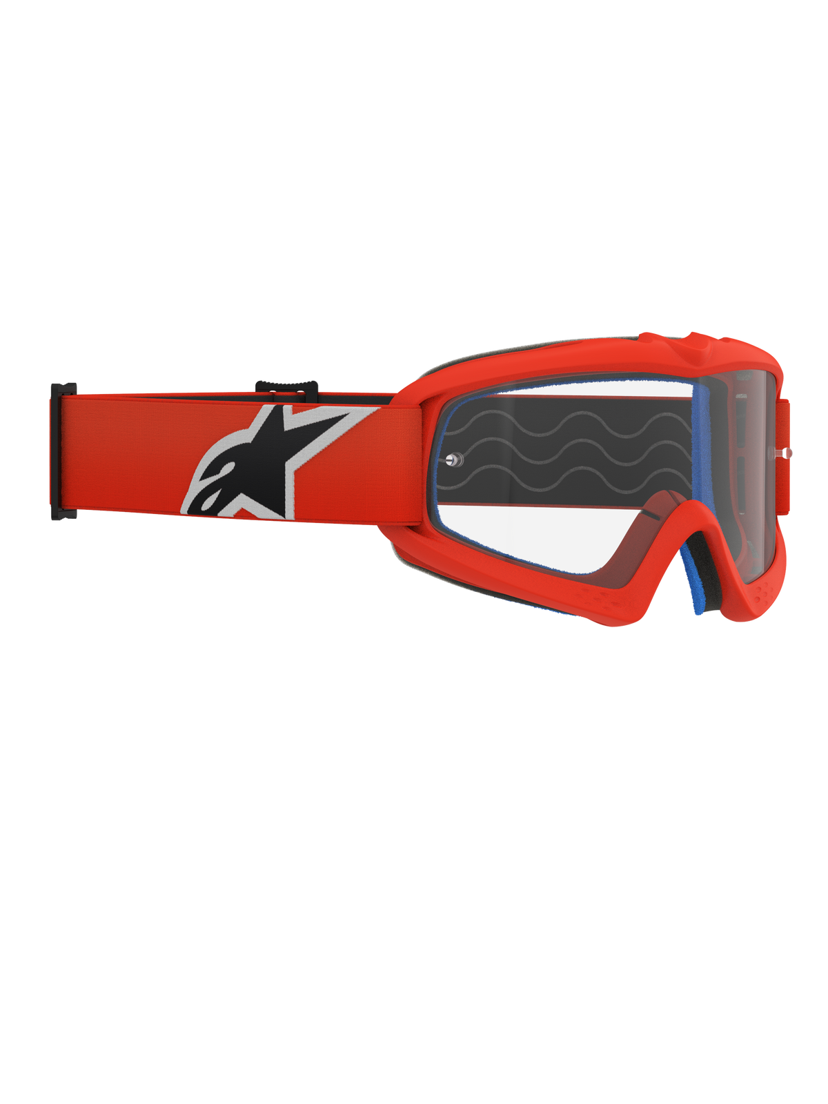 Occhiali Alpinestars Vision Youth Corp, occhiali da motocross per ragazzi, montatura arancione e lente trasparente, fascia arancione con logo Alpinestars nero e bianco, schiuma facciale blu visibile, onde in silicone antiscivolo, lente in policarbonato antiappannamento per gare fuoristrada