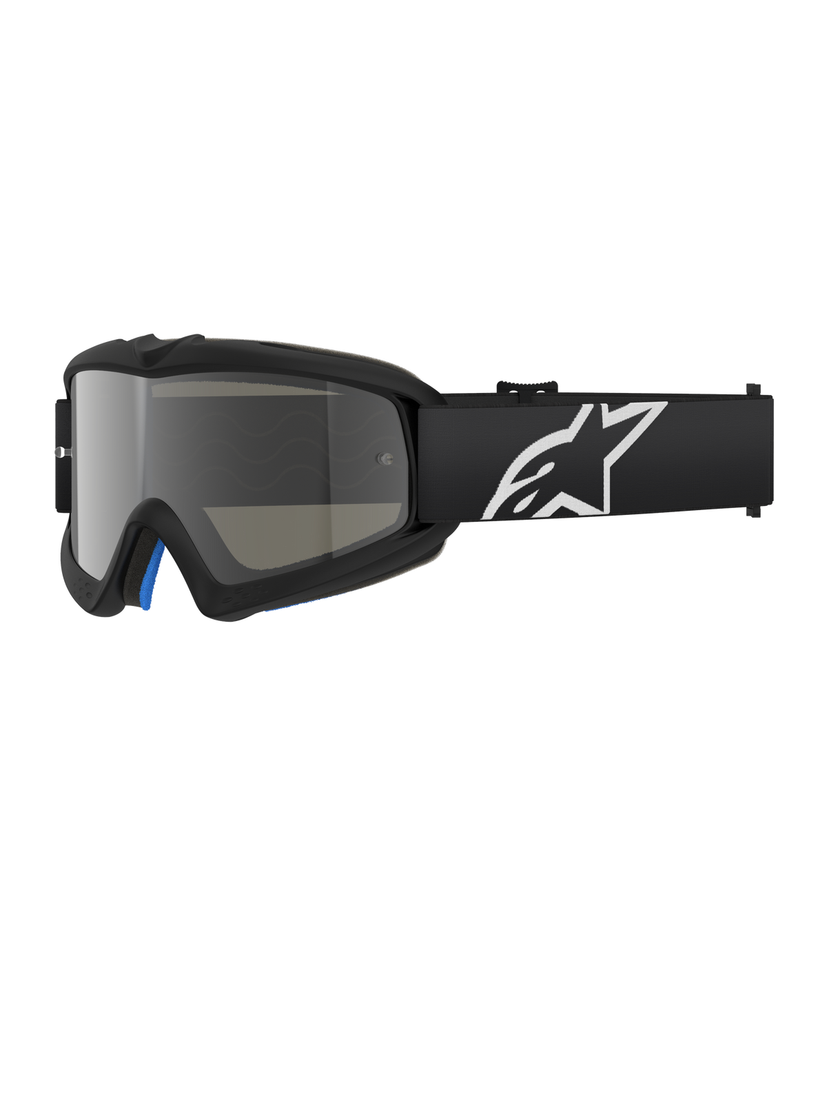 Alpinestars Vision Youth Corp Goggles, occhiali da motocross neri con lente a specchio argento, taglia ragazzi, cinturino regolabile nero con logo a stella bianco, imbottitura interna in schiuma blu, ideati per gare motociclistiche fuoristrada