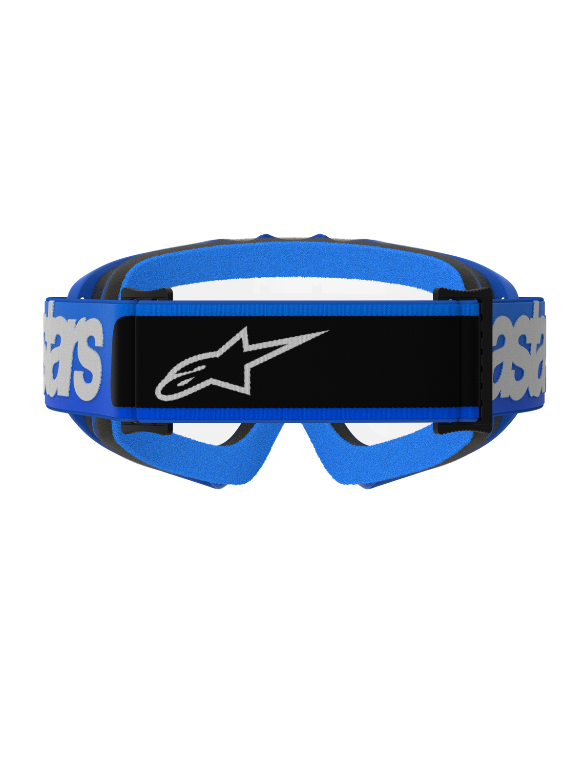Alpinestars Vision Youth Blaze Goggles, occhiali da motocross, blu e trasparenti, vista posteriore con ampia fascia blu, pannello centrale nero e logo Alpinestars bianco, imbottitura in schiuma blu e nera, visibilità lente trasparente