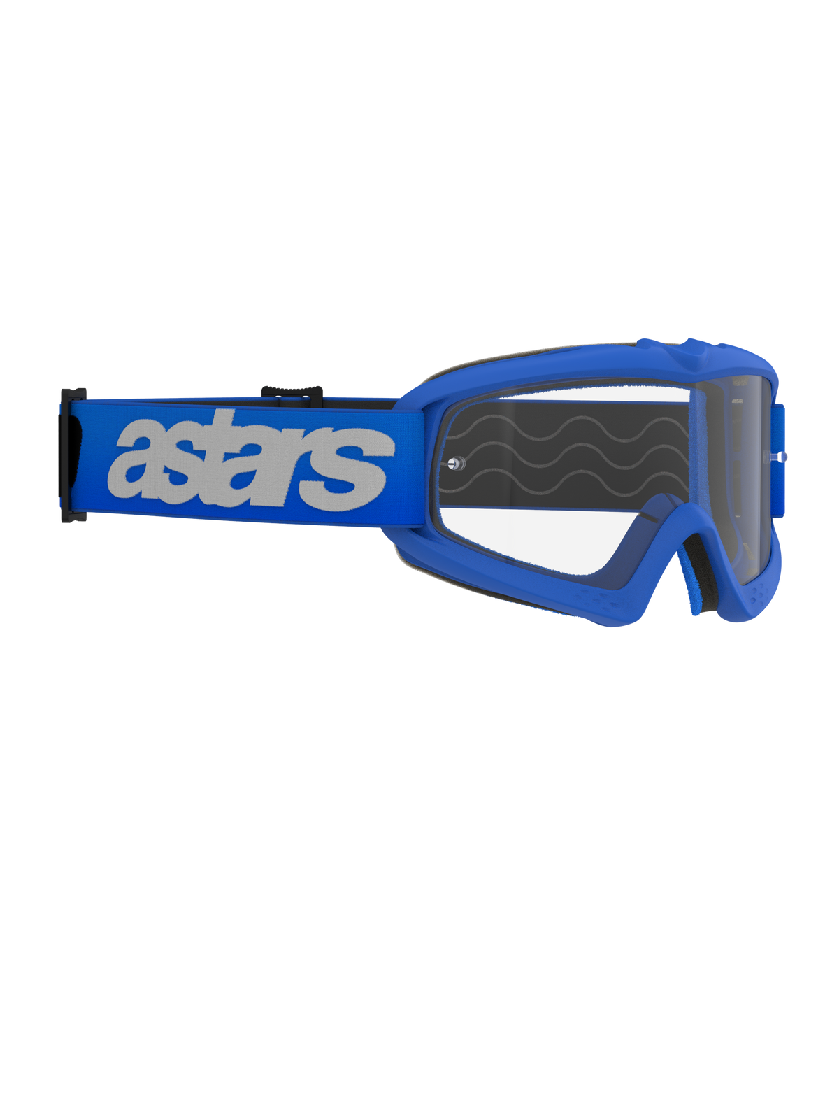 Occhiali Alpinestars Vision Youth Blaze, occhiali da motocross, blu e trasparente, montatura blu con lente trasparente antiappannamento, ampia fascia blu con logo 'astars' bianco, progettati per giovani piloti e visi piccoli, equipaggiamento professionale da fuoristrada