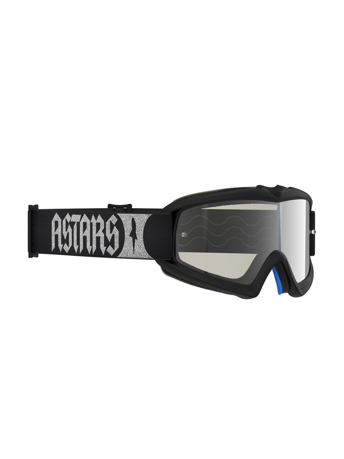 Alpinestars Maschere Vision Atrox Ragazzo, maschere da motocross per ragazzi, nere e argento, lenti a specchio antiappannamento e cinturino con logo ASTARS argentato.