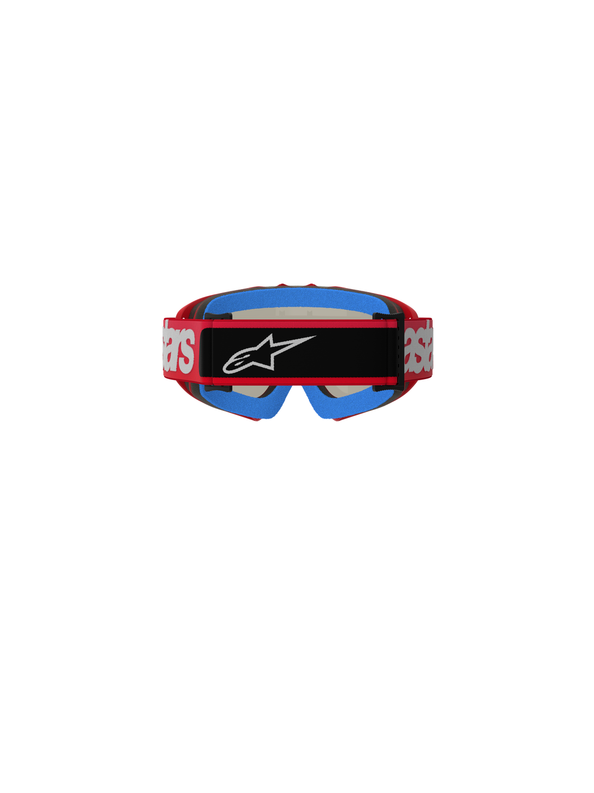 Alpinestars Vision Youth Blaze Goggles, occhiali da motocross, rosso e argento, vista posteriore con fascia rossa e logo bianco, inserto centrale nero con logo Astars bianco, imbottitura interna in schiuma blu