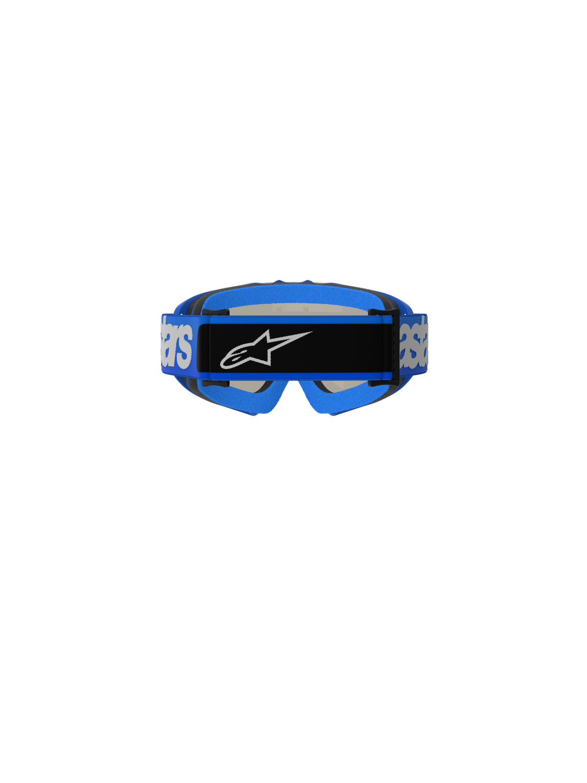 Alpinestars Vision Youth Blaze Goggles, occhiali da motocross, blu, vista posteriore con cinturino intrecciato blu, marchio Alpinestars bianco e placca centrale nera con logo, imbottitura in schiuma blu, progettati per corse fuoristrada per ragazzi