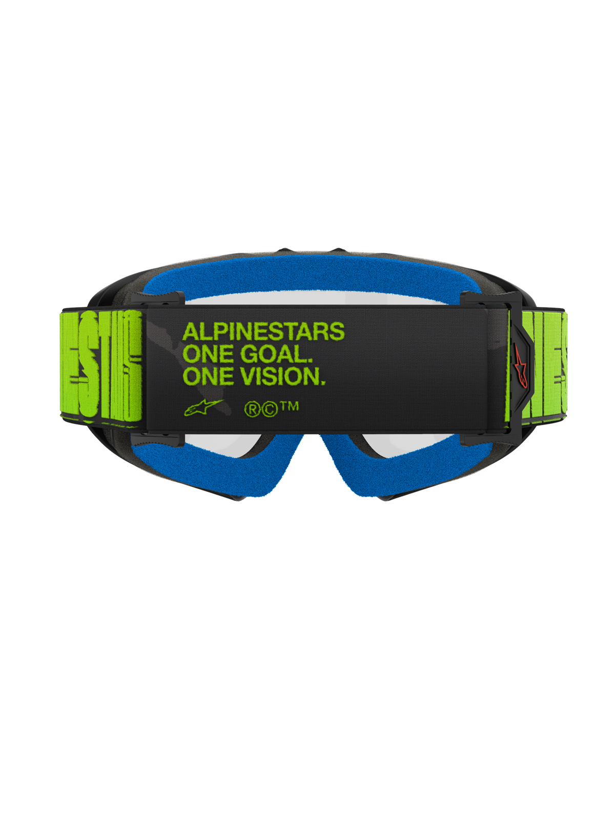 Maschere Alpinestars Vision Youth Hollow, maschere da motocross, grigio e giallo fluo, vista posteriore con lo slogan 'ALPINESTARS ONE GOAL. ONE VISION.' sulla fascia, schiuma facciale blu brillante, occhiali da motocross specifici per ragazzi