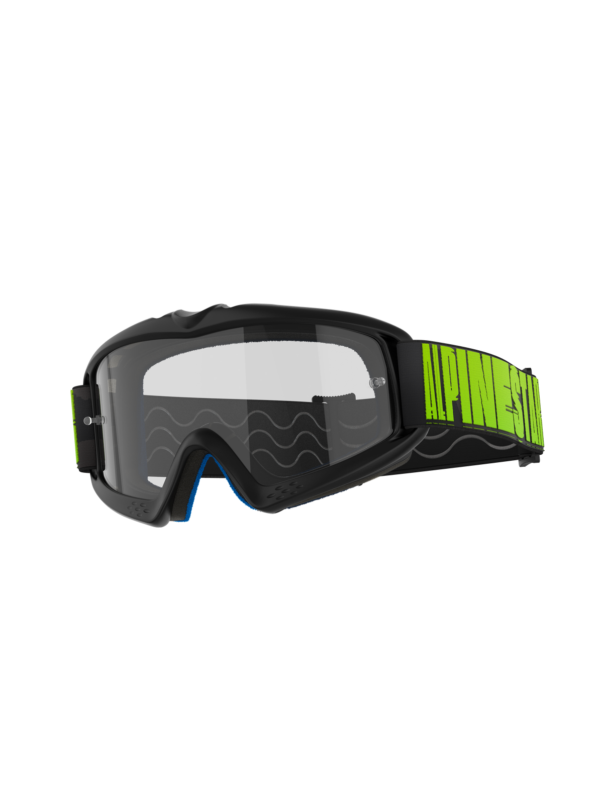 Alpinestars Vision Youth Hollow Goggles, maschere da motocross, montatura grigia con lente trasparente antiappannamento, fascia nera con logo giallo fluorescente, schiuma interna blu, progettate per giovani piloti in gare off-road