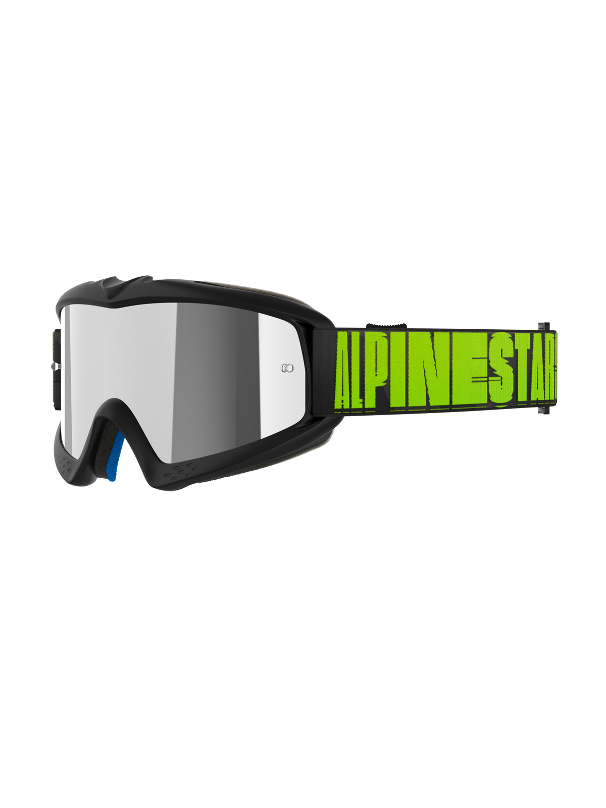 Alpinestars Vision Youth Hollow Goggles, maschere da motocross per ragazzi, grigio antracite e giallo fluo, lente specchiata argento riflettente, fascia nera con logo Alpinestars giallo fluo, imbottitura interna blu, vestibilità specifica per giovani piloti