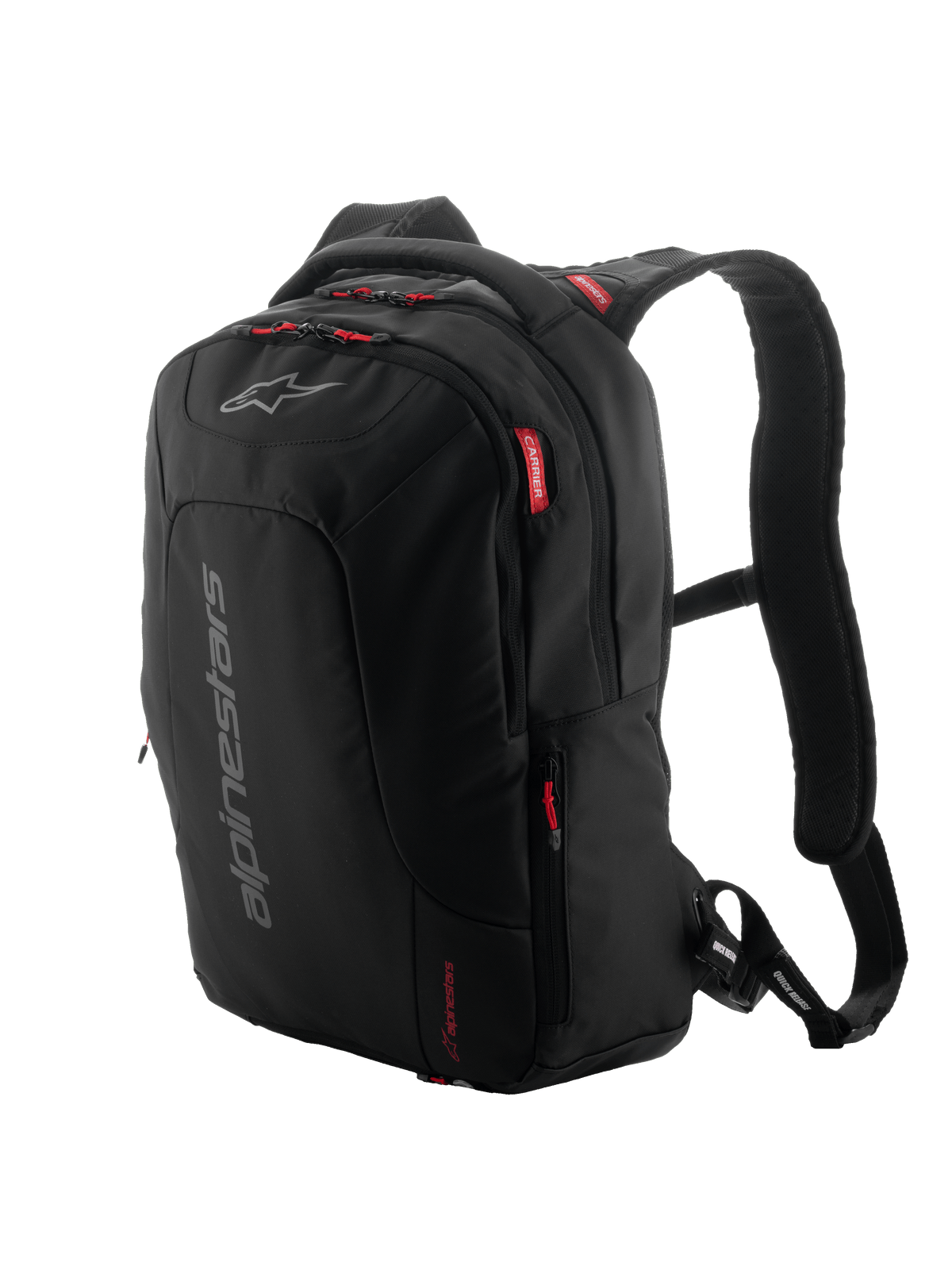 Alpinestars City Hunter V2 Backpack, zaino da moto urbano, nero con tiralampo e dettagli rossi, marchio verticale grigio, spallacci imbottiti in mesh, design affusolato per la stabilità durante la guida