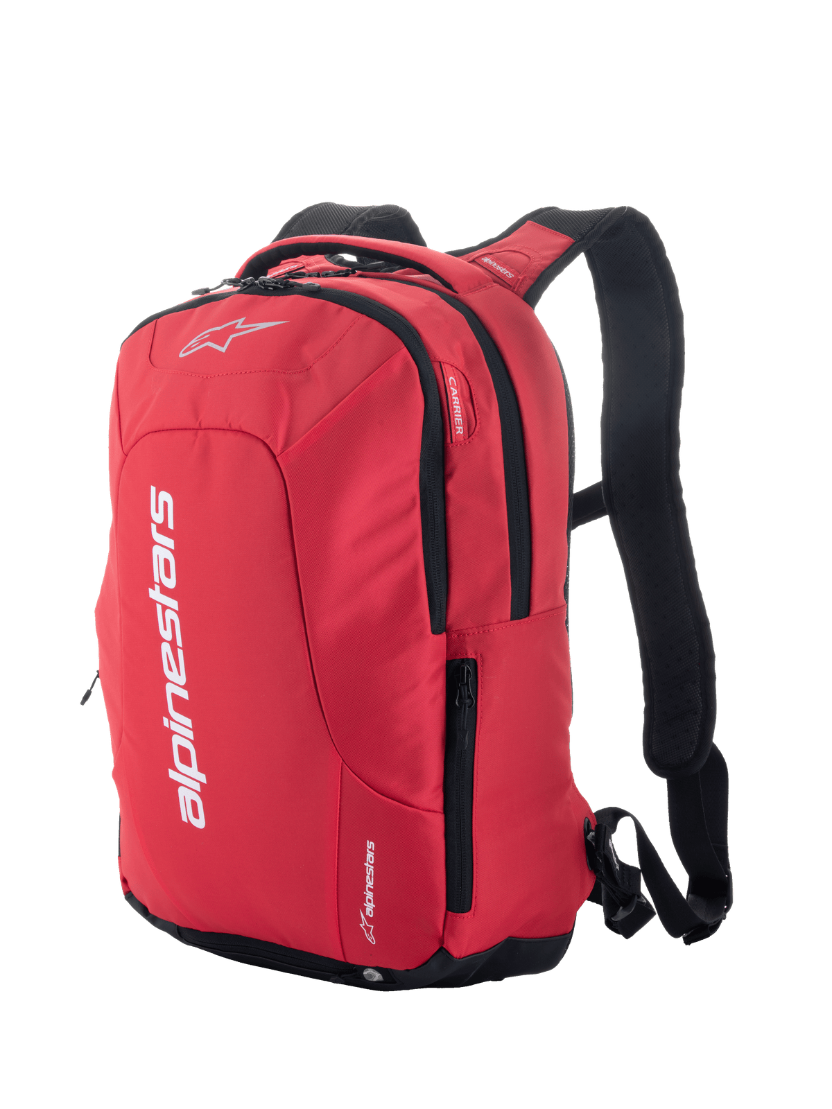 Alpinestars City Hunter V2 Backpack, zaino da moto urbano rosso e nero, logo bianco evidente, tasche laterali con zip, spallacci in rete imbottiti e design affusolato per motociclisti