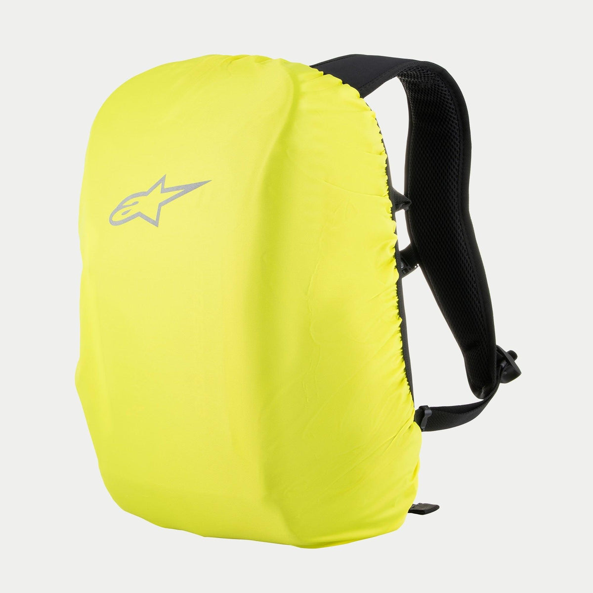 Zaino Alpinestars AMP3, copertura antipioggia giallo fluorescente, con logo Alpinestars argento, spallacci regolabili neri, accessorio protettivo impermeabile per attrezzatura da moto