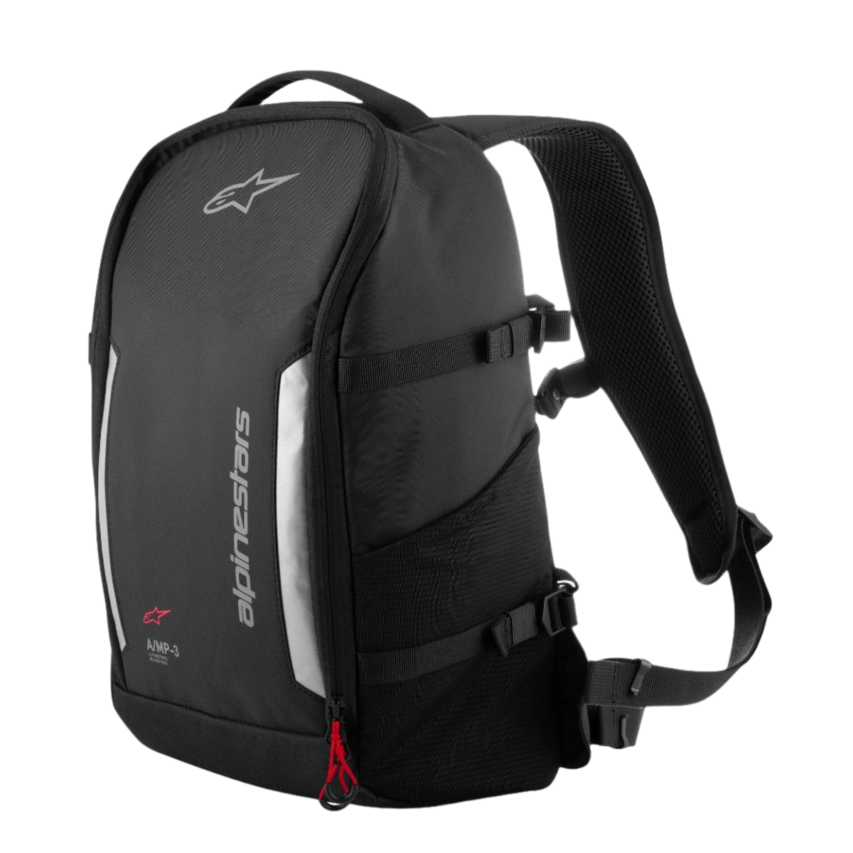 Alpinestars AMP3 Backpack, zaino tecnico da moto, nero, con pannelli riflettenti grigi e branding Alpinestars verticale, dettaglio cerniera rossa, cinghie di compressione laterali e tasca in rete, capacità di 17 litri per guida su strada e urbana